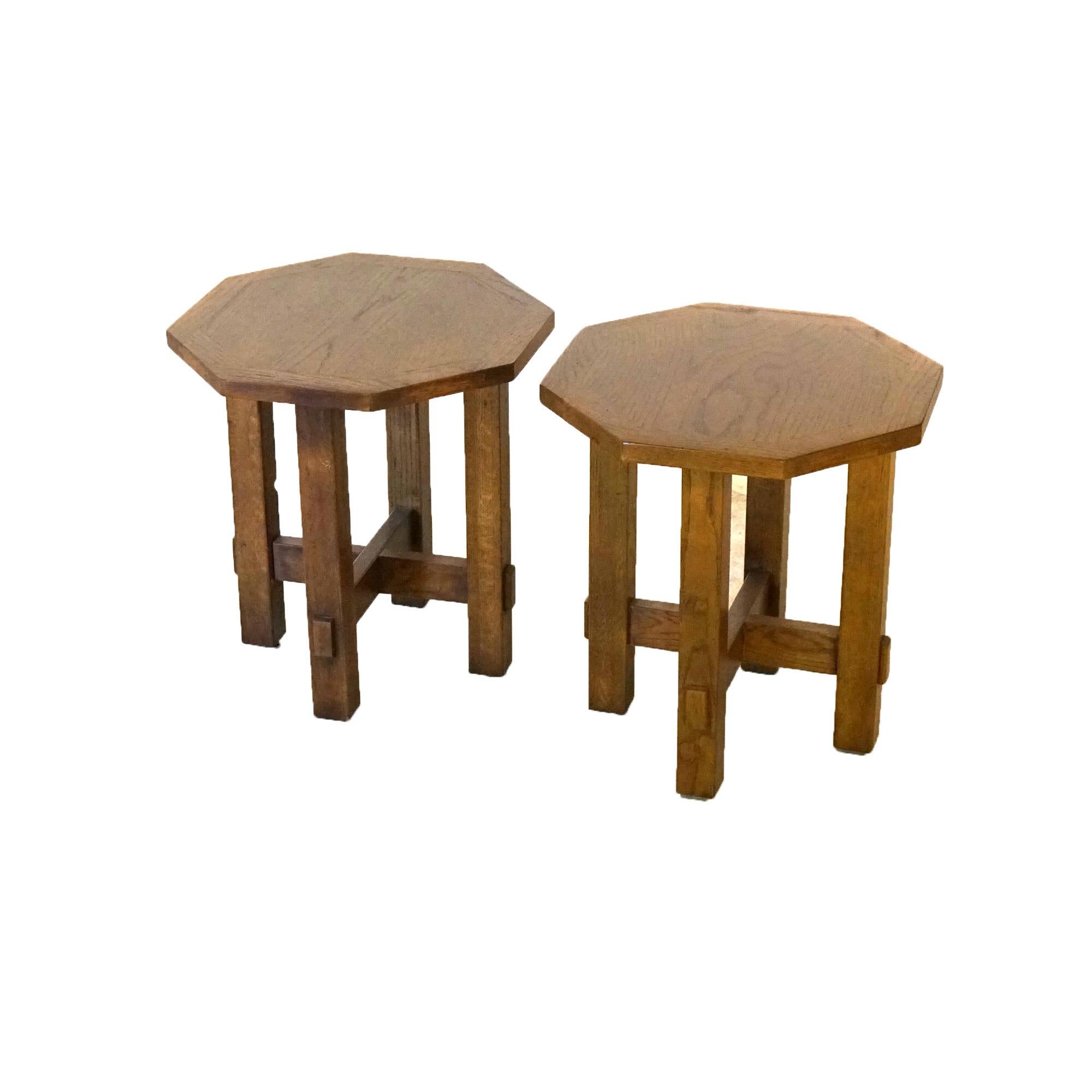 Pair of Arts & Crafts Mission Oak Octagonal Mortise & Tenon Plant Stands in the Manner of Stickley 20thC

Measure - 19.75