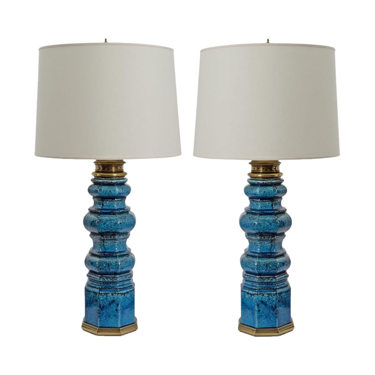 Pair of Stiffel Blue Crackle Glaze Ceramic Pagoda Style Tall Lamps