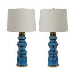 Pair of Stiffel Blue Crackle Glaze Ceramic Pagoda Style Tall Lamps