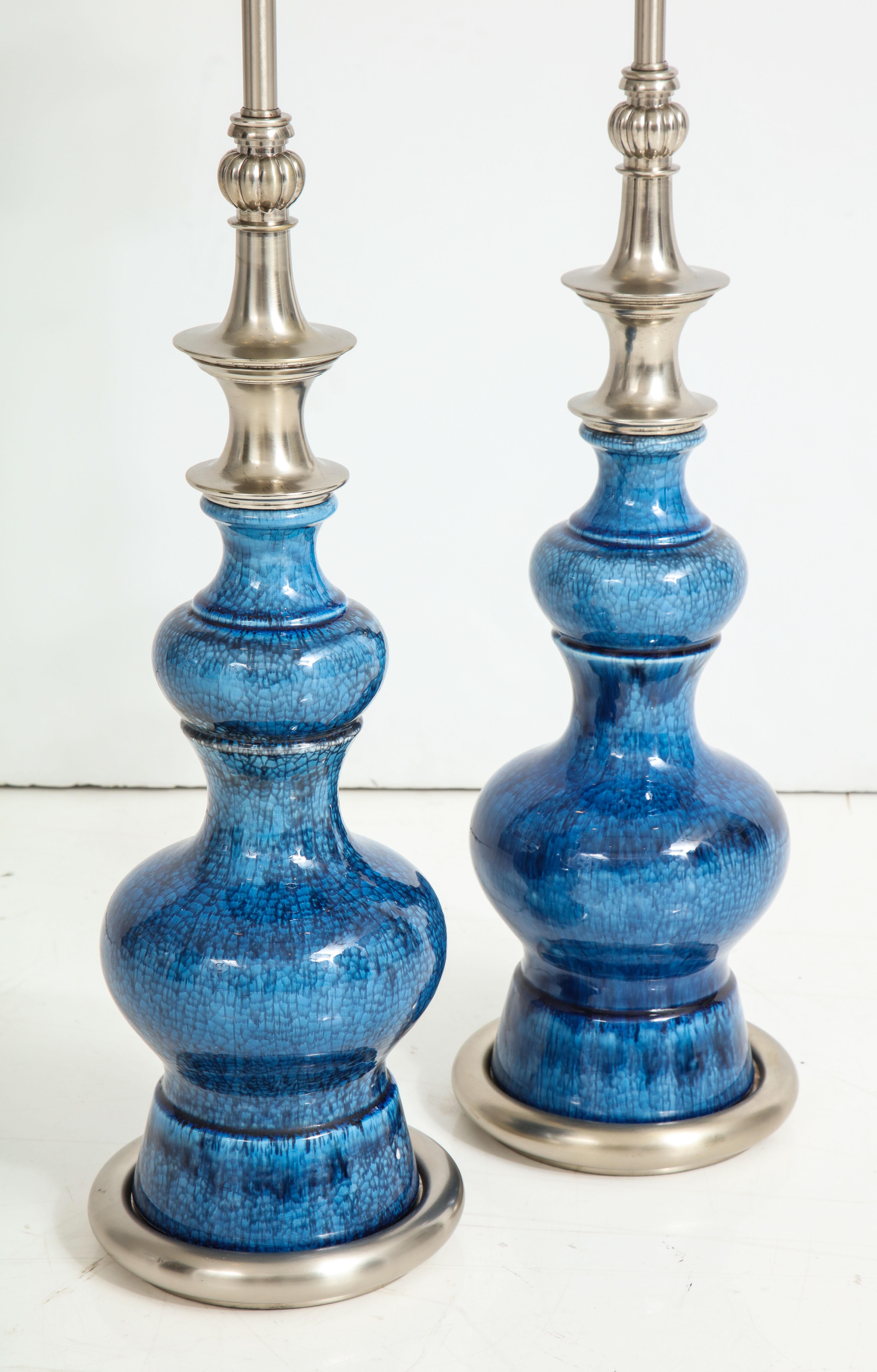 American Pair of Stiffel Blue Crackle Glazed Lamps