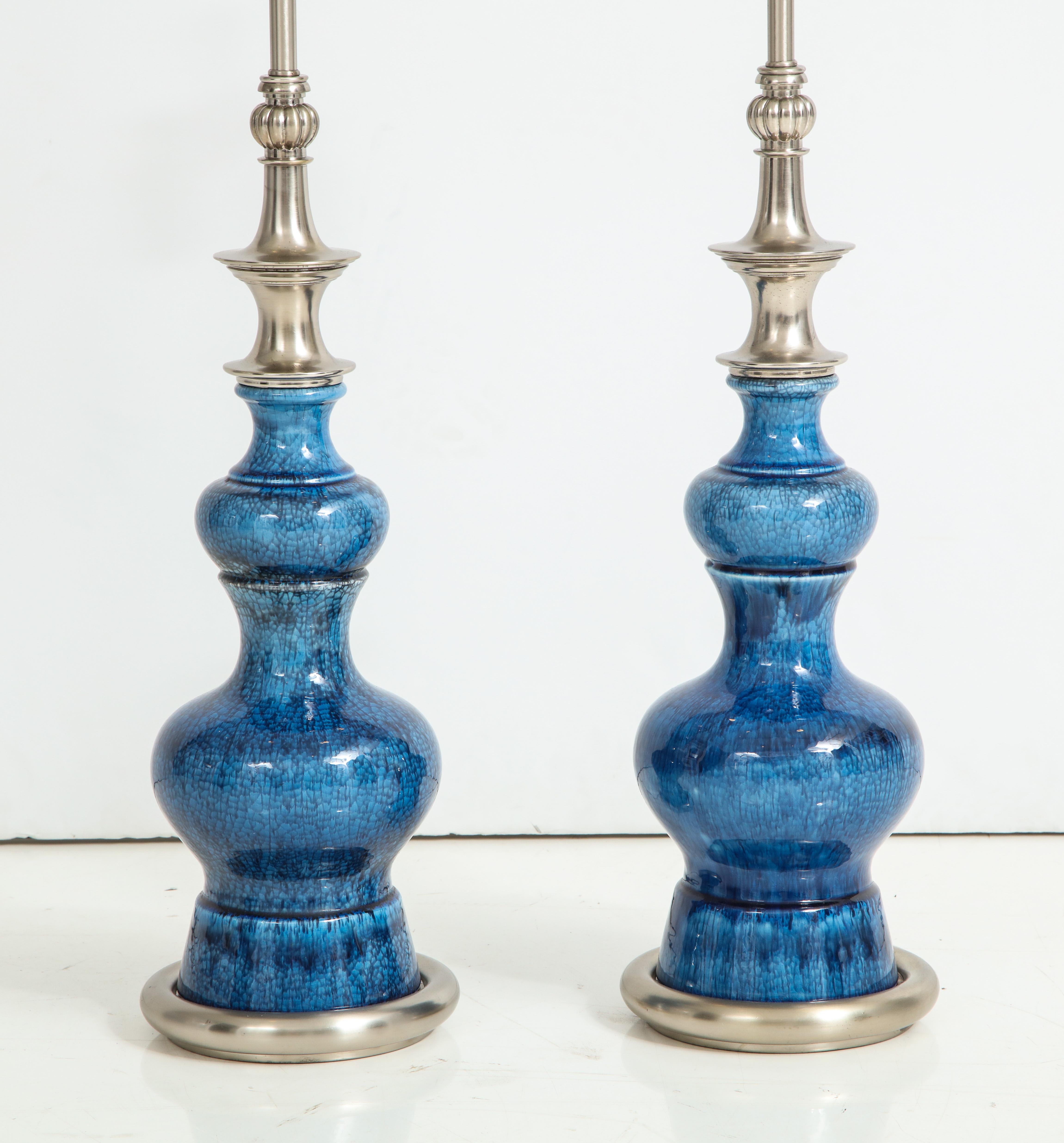 Pair of Stiffel Blue Crackle Glazed Lamps In Excellent Condition In New York, NY