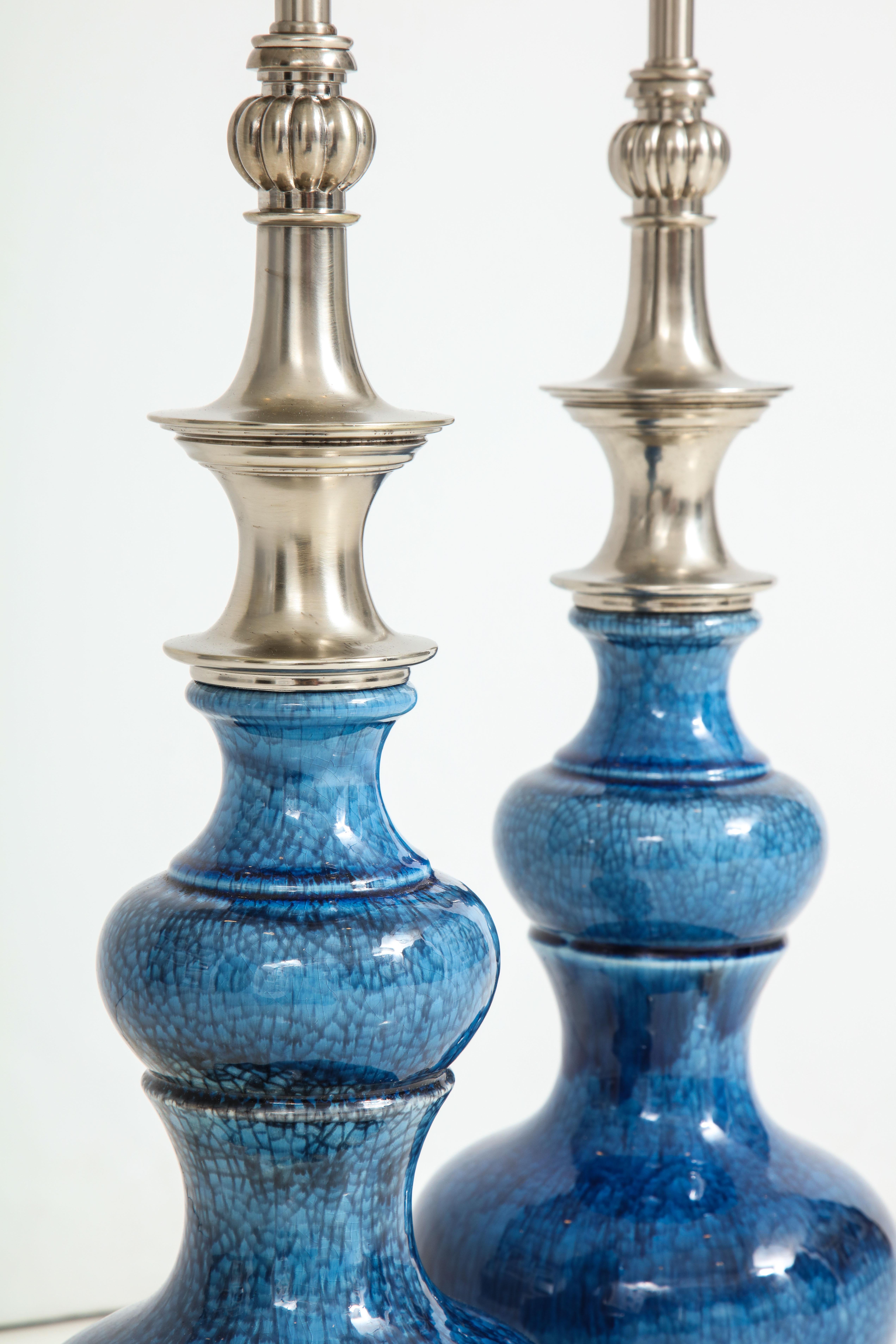 Mid-20th Century Pair of Stiffel Blue Crackle Glazed Lamps