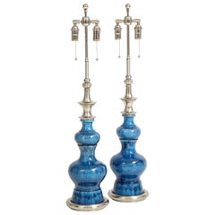 Pair of Stiffel Blue Crackle Glazed Lamps