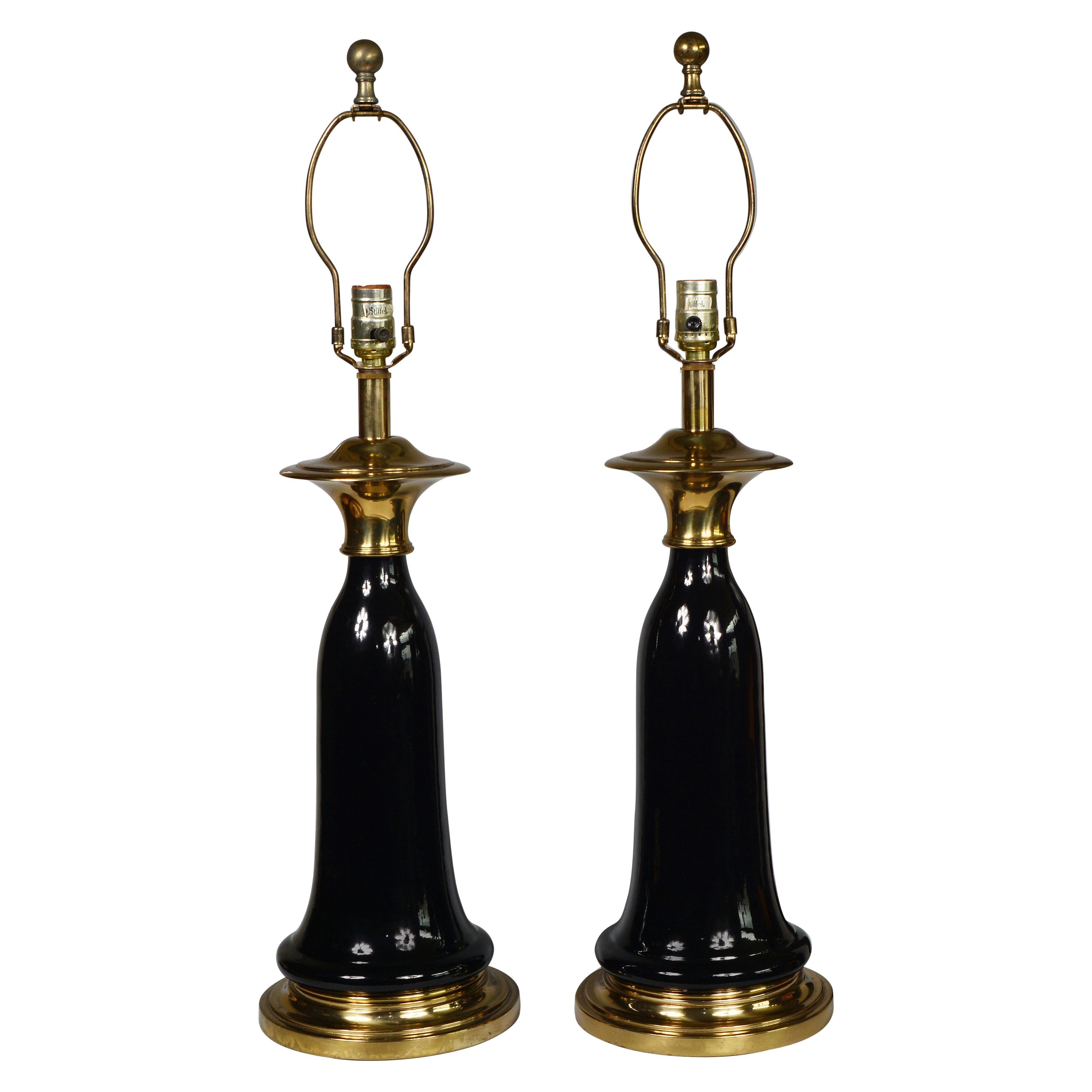 Pair of Stiffel Brass and Ceramic Tassel Form Table Lamps