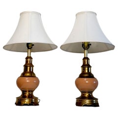 Pair of Stiffel Brass and Ceramic Vintage  Ostrich Egg and Brass Lamps