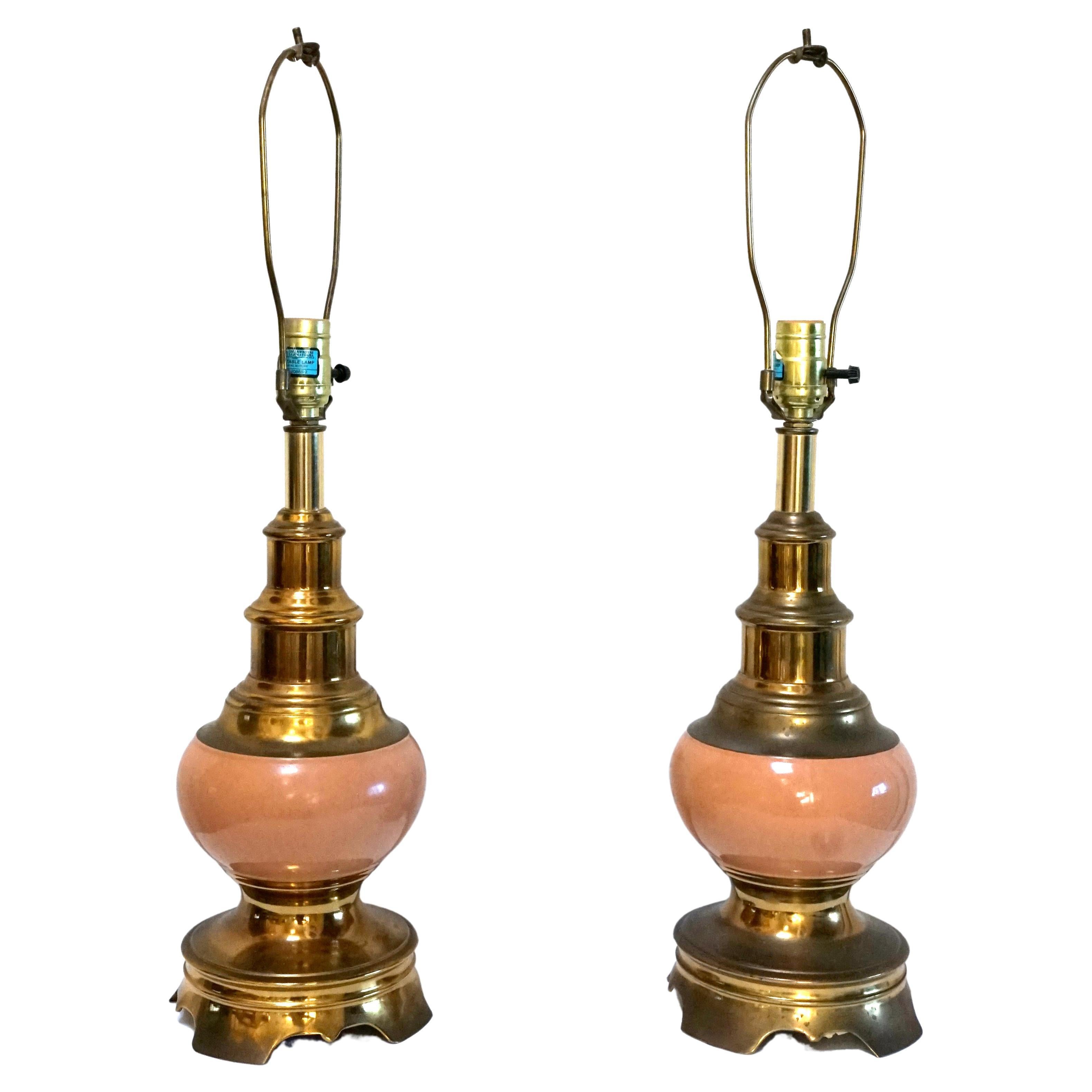 Pair of Stiffel Brass and Ceramic Vintage  Ostrich Egg and Brass Lamps For Sale