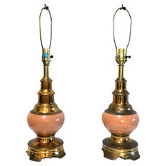 Pair of Stiffel Brass and Ceramic Vintage  Ostrich Egg and Brass Lamps