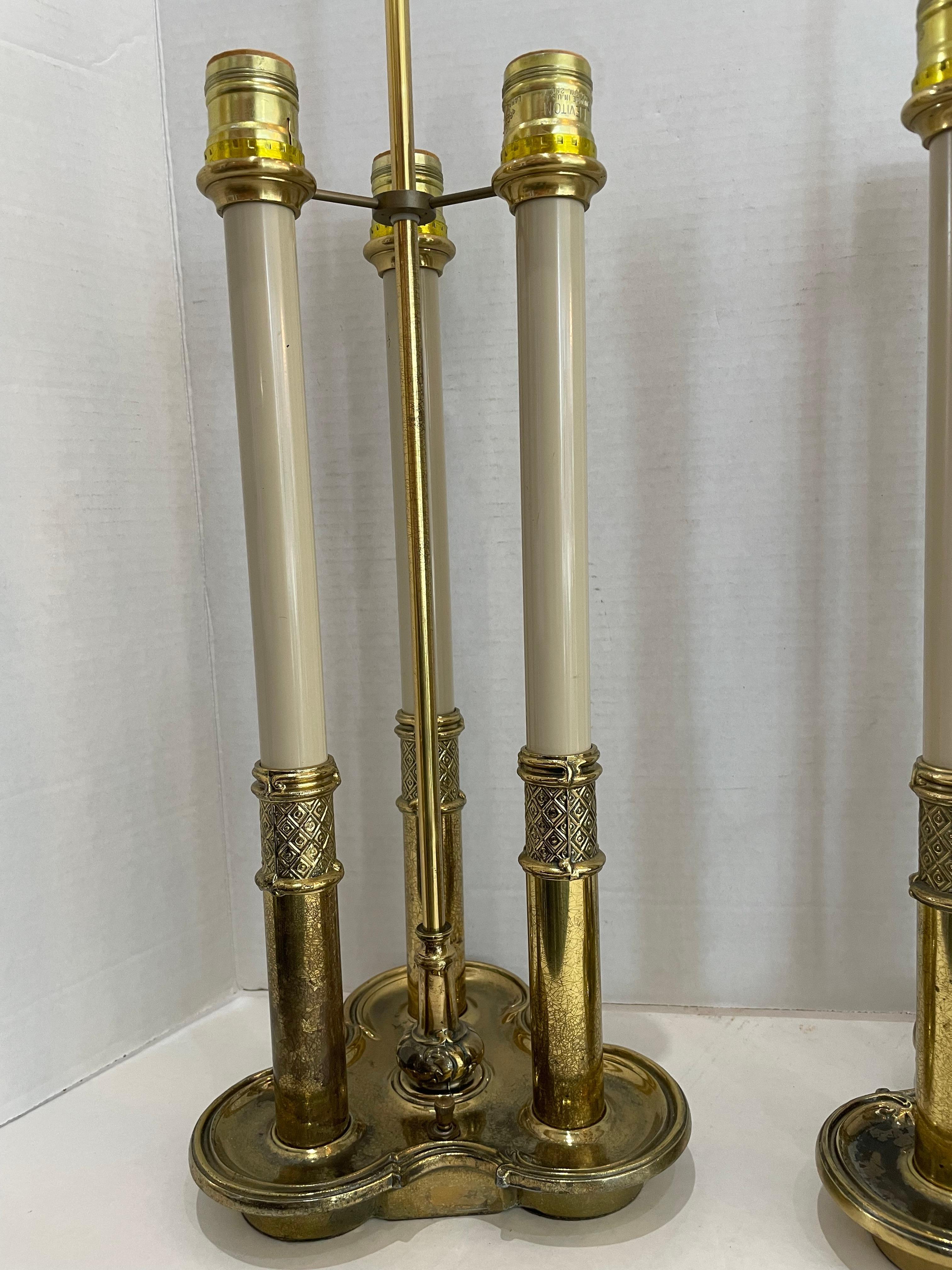 Pair of Stiffel Brass Bouillotte Lamps In Good Condition For Sale In West Palm Beach, FL