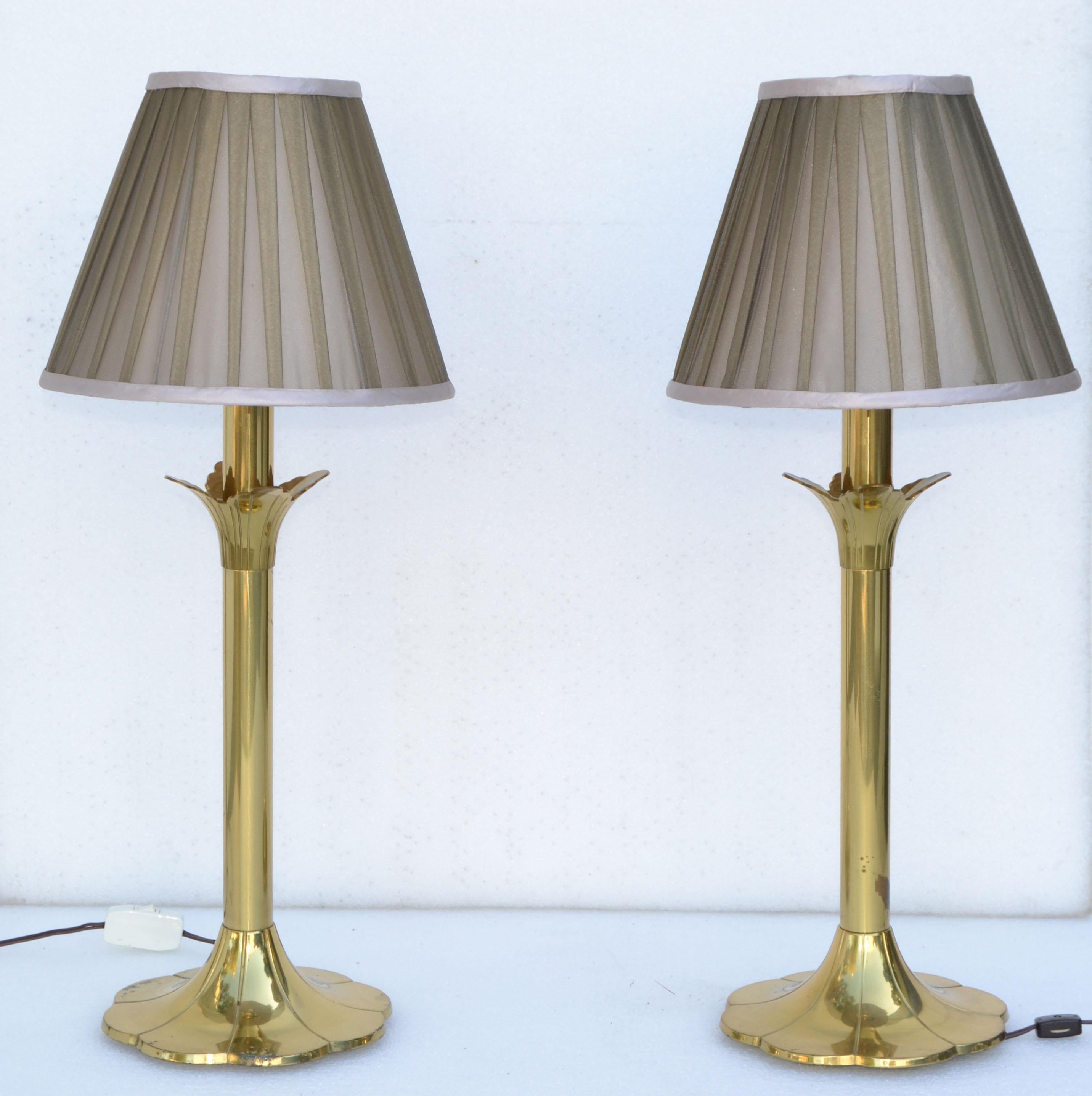 Polished Pair of Stiffel Brass Table Lamps & Shades Mid-Century Modern American 1990 For Sale