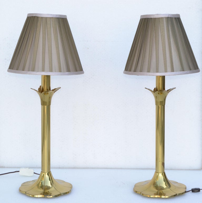 Pair of Stiffel Brass Table Lamps and Shades Mid-Century Modern