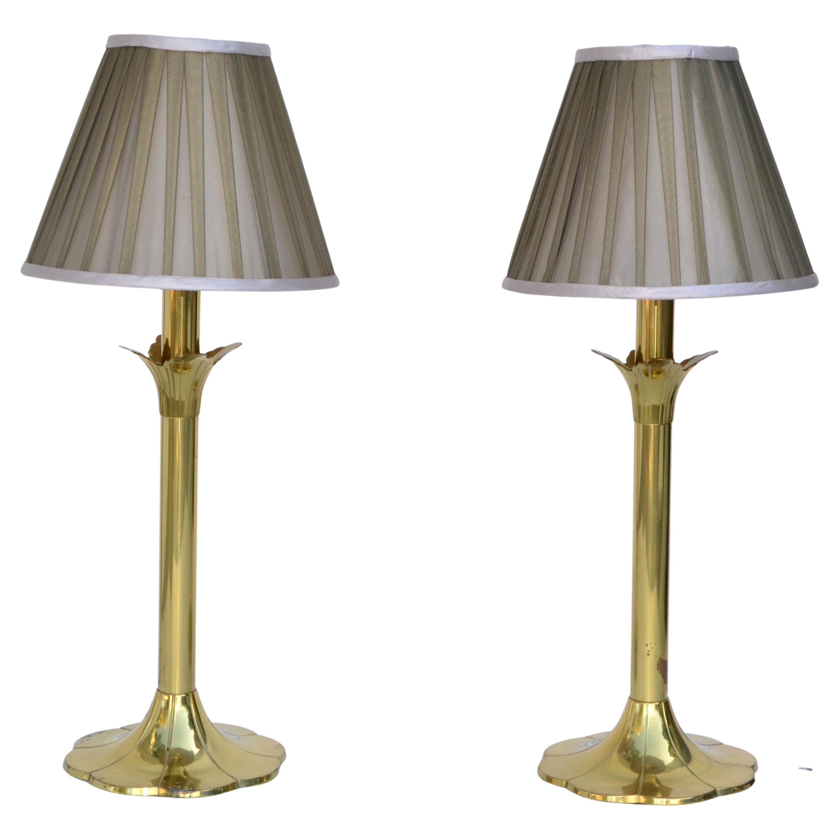 Pair of Stiffel Brass Table Lamps & Shades Mid-Century Modern American 1990