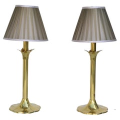 Vintage Pair of Stiffel Brass Table Lamps & Shades Mid-Century Modern American 1990