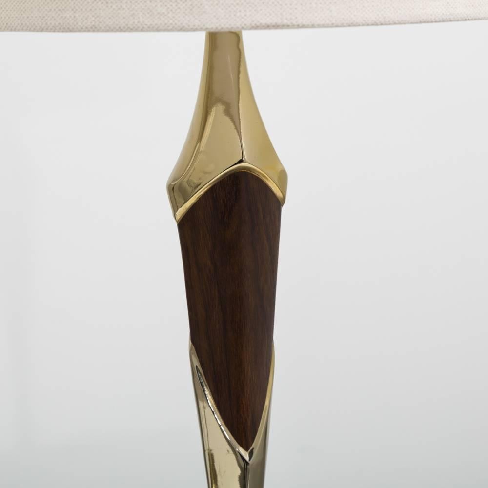 North American Pair of Stiffel Designed Teak and Brass Table Lamps, Late 1950s