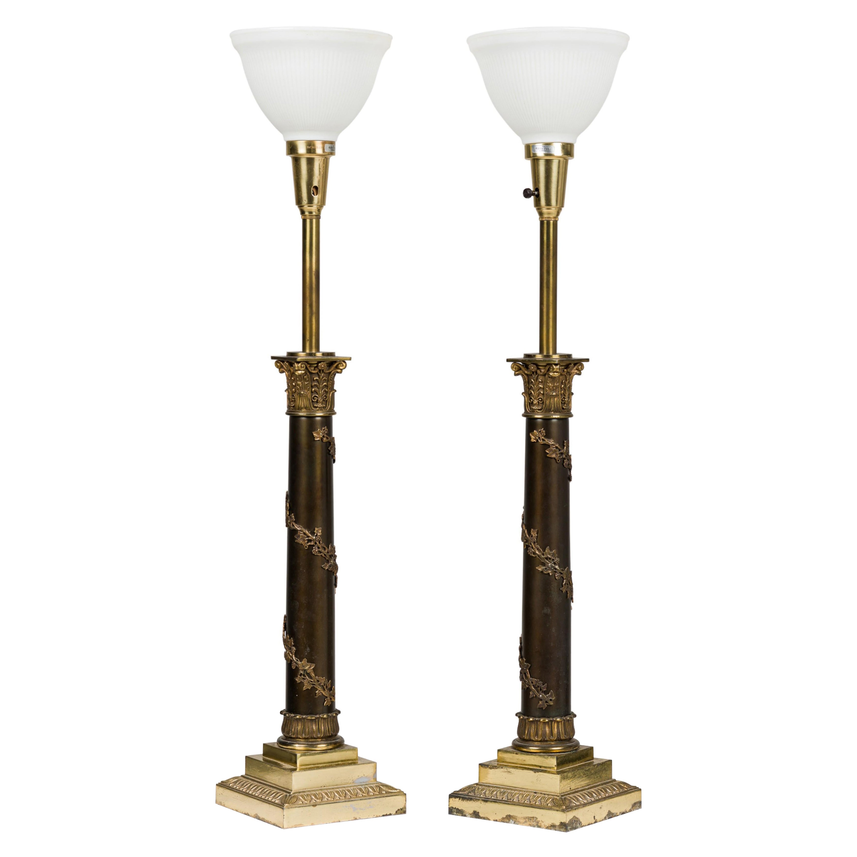 Pair of Stiffel Federal Style Acanthus Vined Composite Pillar Table Lamps For Sale