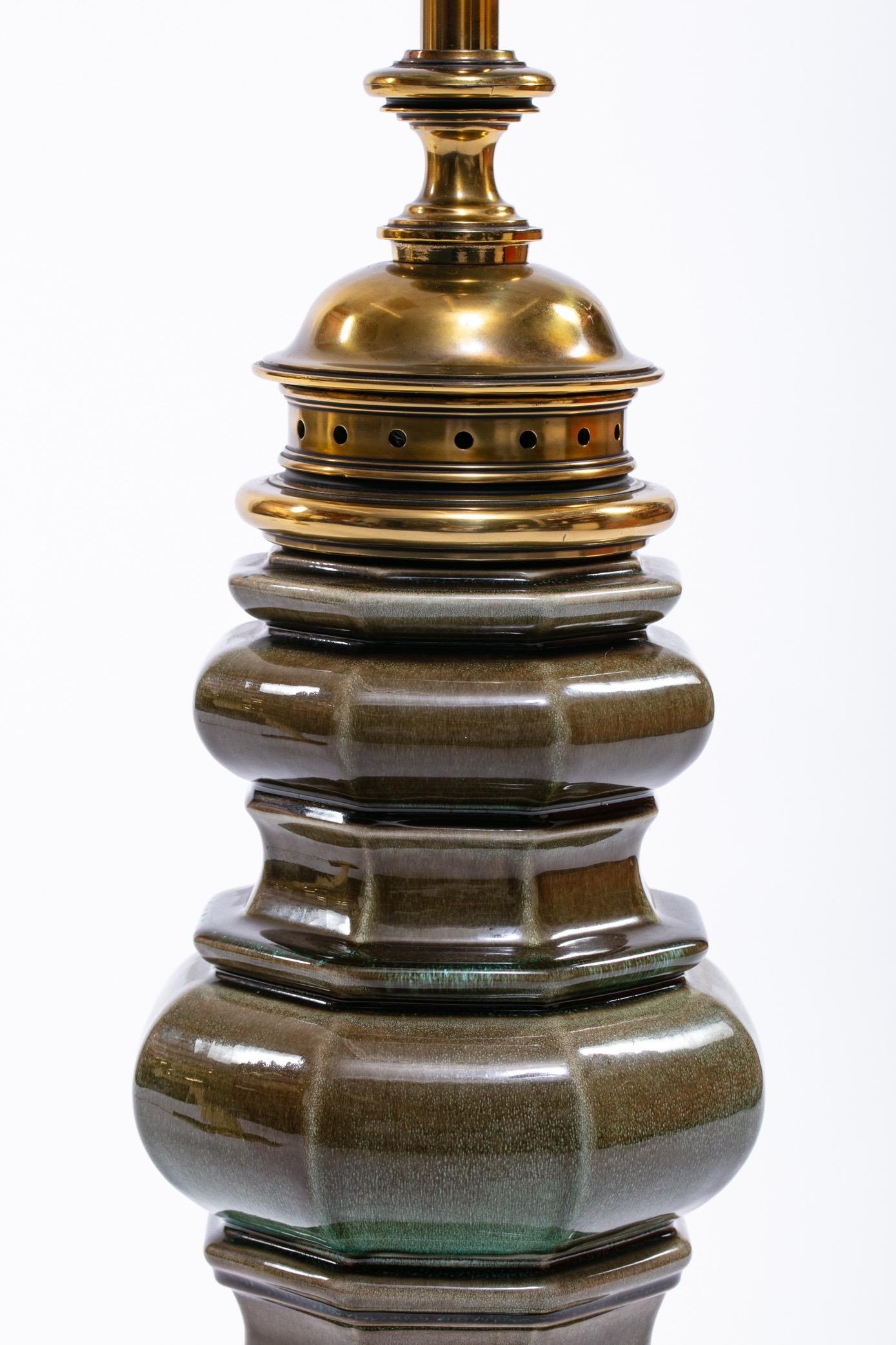 Pair of Stiffel Green Crackle Glazed Ceramic Pagoda Style Tall Lamps, circa 1960 In Good Condition In Saint Louis, MO