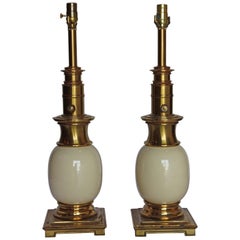 Pair of Stiffel Ostrich Egg Table Lamps in Brass
