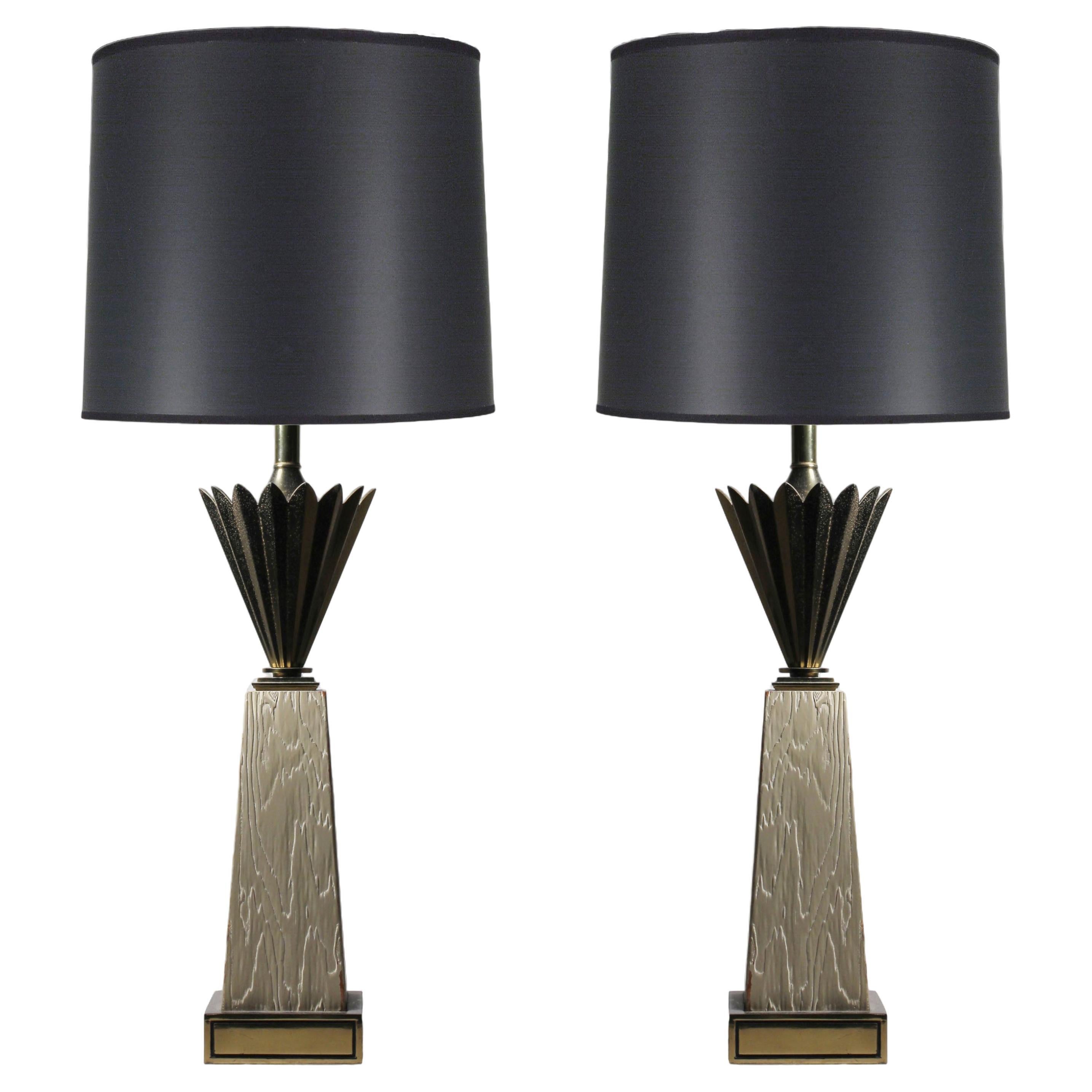 Pair of Stiffel Table Lamps with Deco Hollywood Regency Style Glass Diffusers For Sale