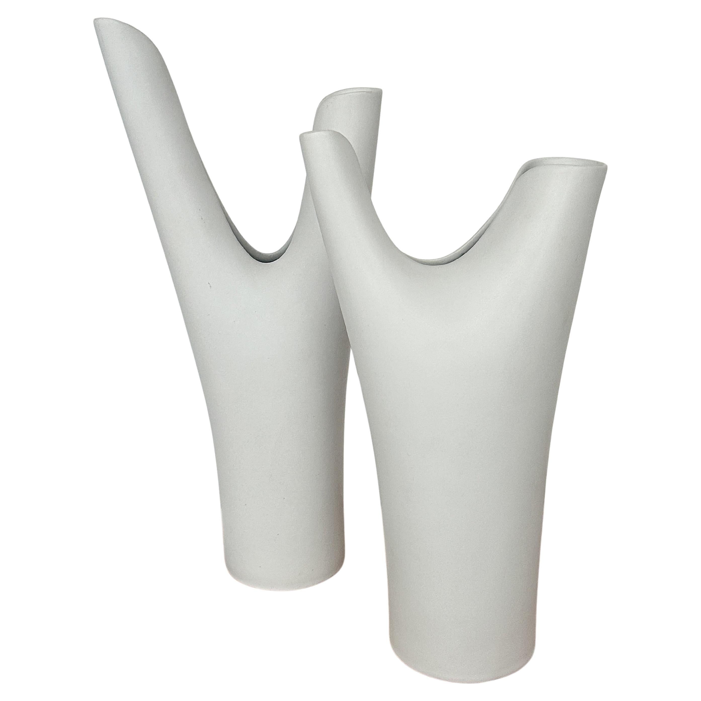 Pair of Stig Lindberg Veckla Vases Gustavsberg Ceramics Sweden 1950s White Glaze