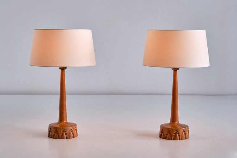 Fabric Pair of Stilarmatur Tranås Table Lamps in Teak, Sweden, 1960s For Sale