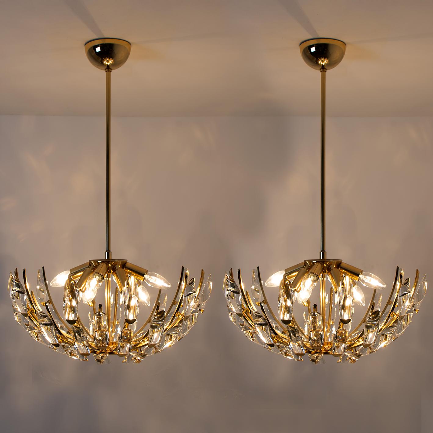 Mid-Century Modern Pair of Stilkronen Crystal and Gilded Brass Italian Light Fixtures