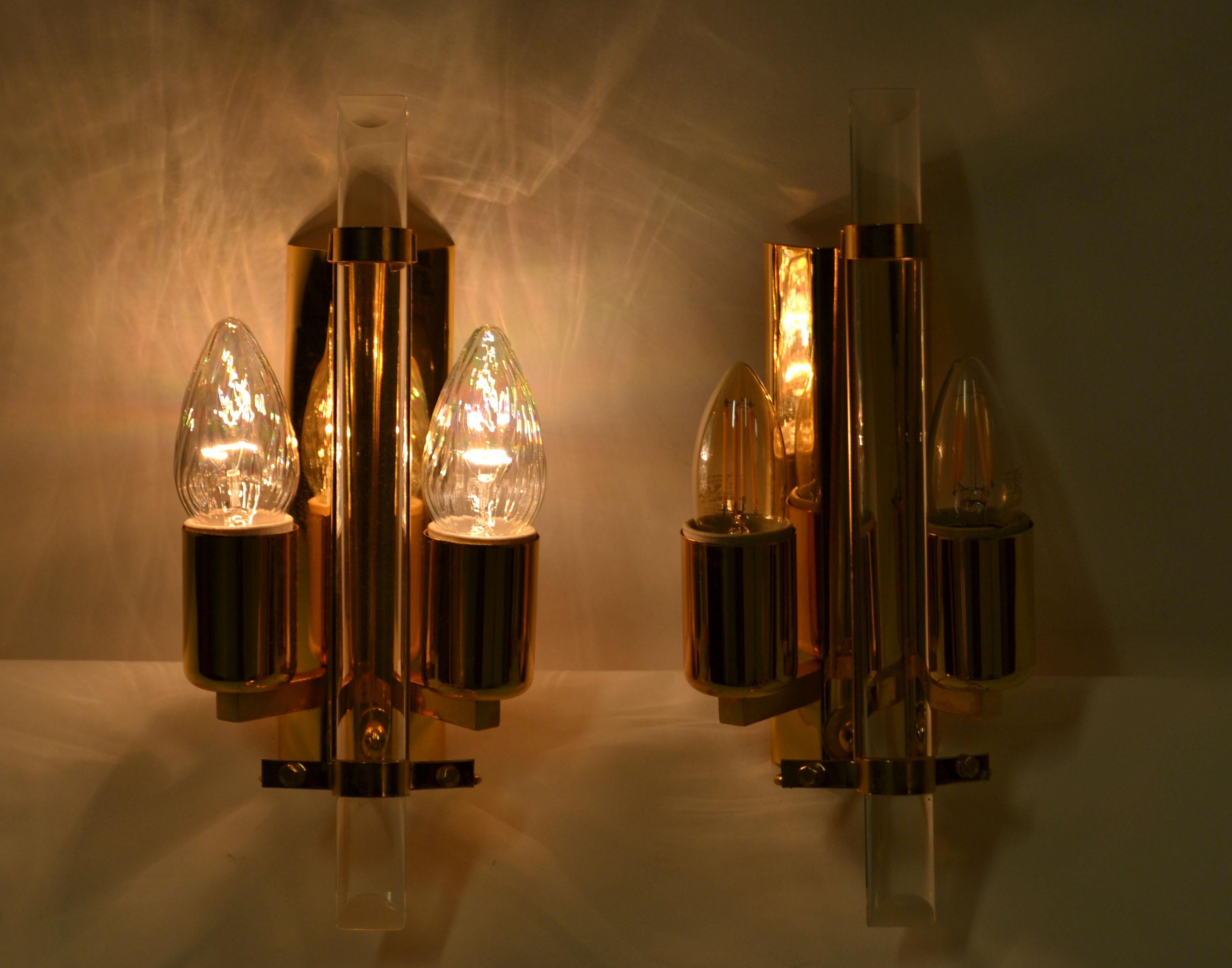 Pair of Stilkronen Sconces Gold Plate & Crystal Wall Lights Mid-Century Modern For Sale 6