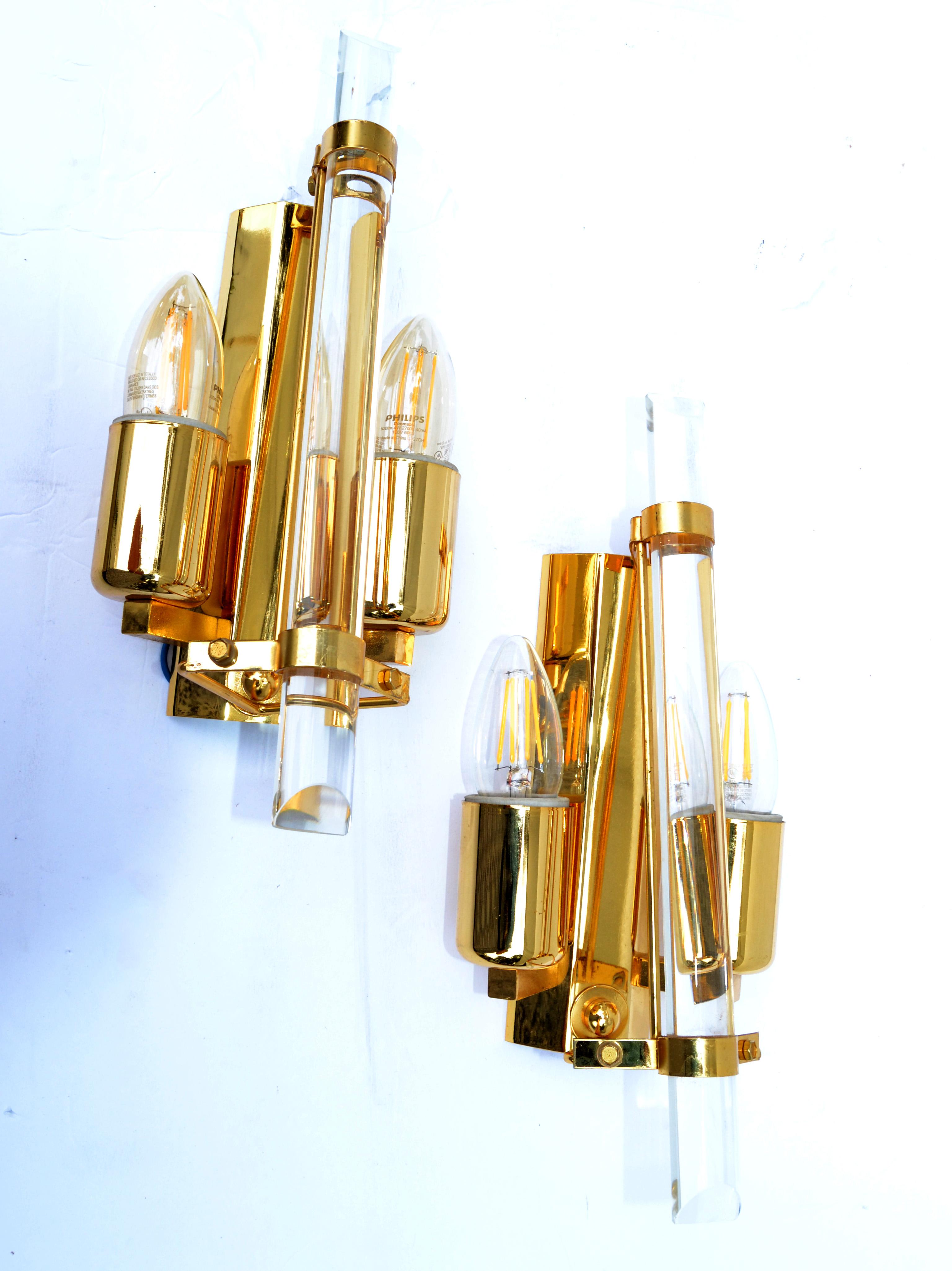 Pair of Stilkronen Sconces Gold Plate & Crystal Wall Lights Mid-Century Modern For Sale 11