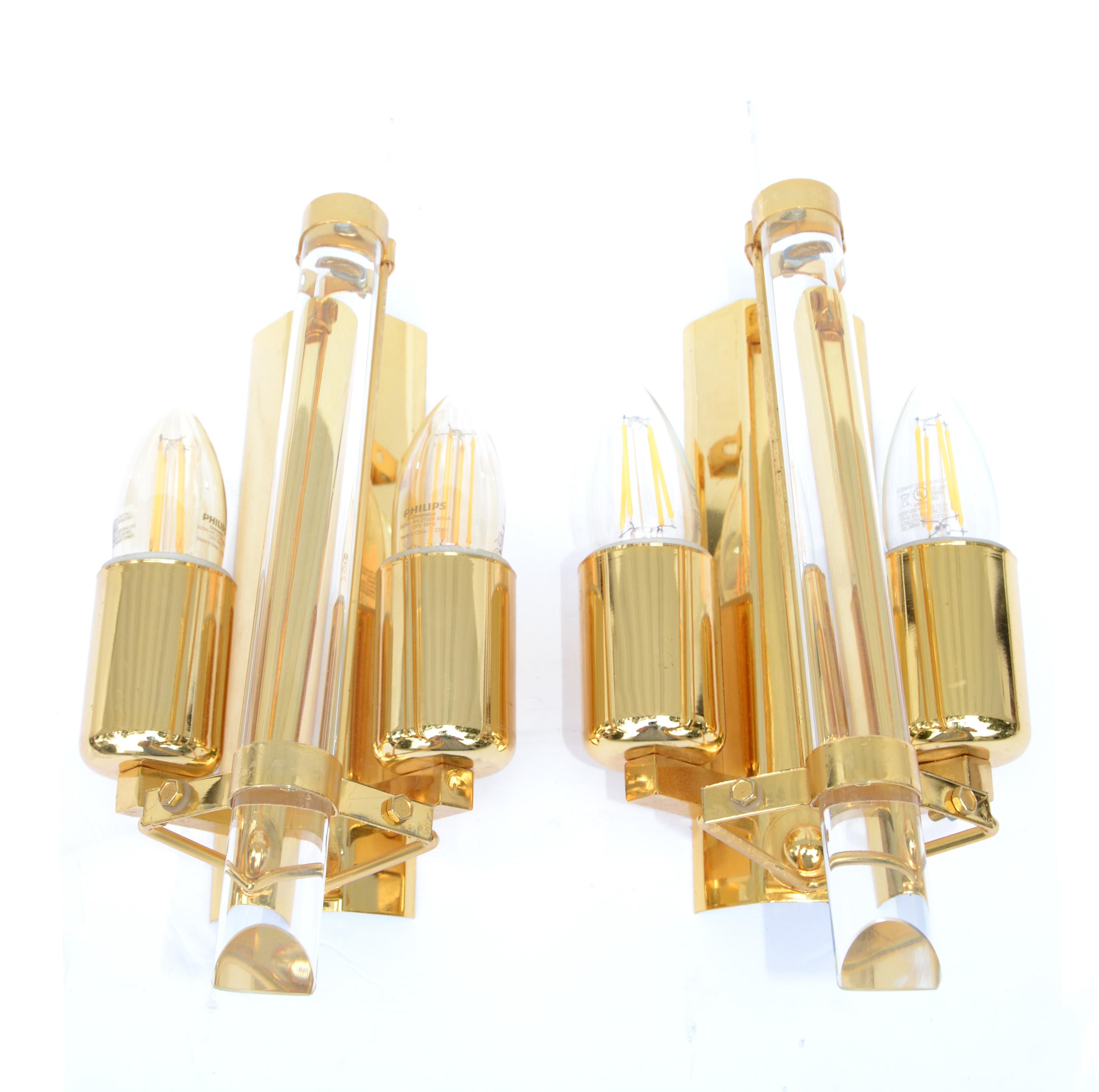 Pair of Stilkronen Sconces Gold Plate & Crystal Wall Lights Mid-Century Modern For Sale 12