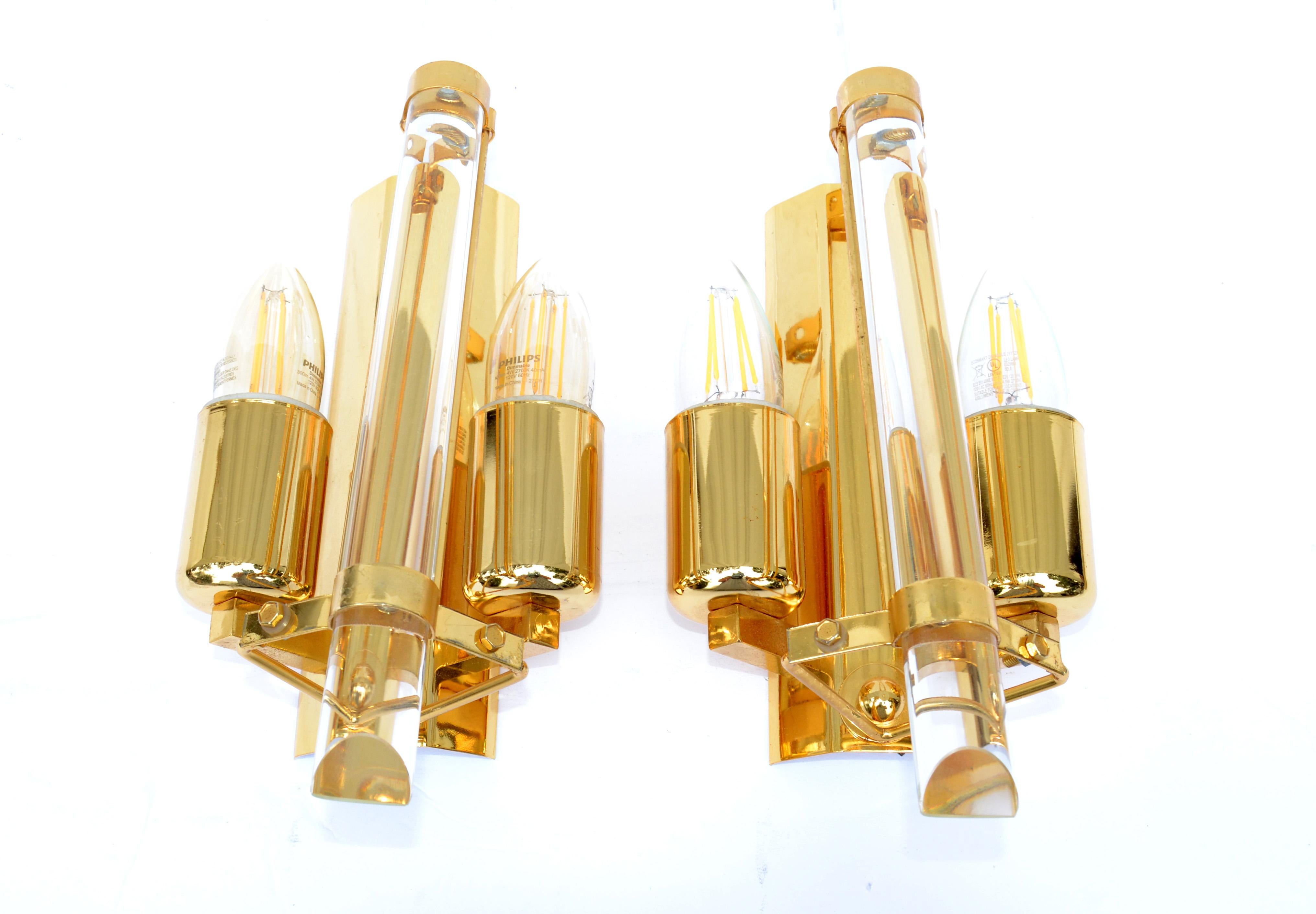Pair of Stilkronen Sconces Gold Plate & Crystal Wall Lights Mid-Century Modern For Sale 13