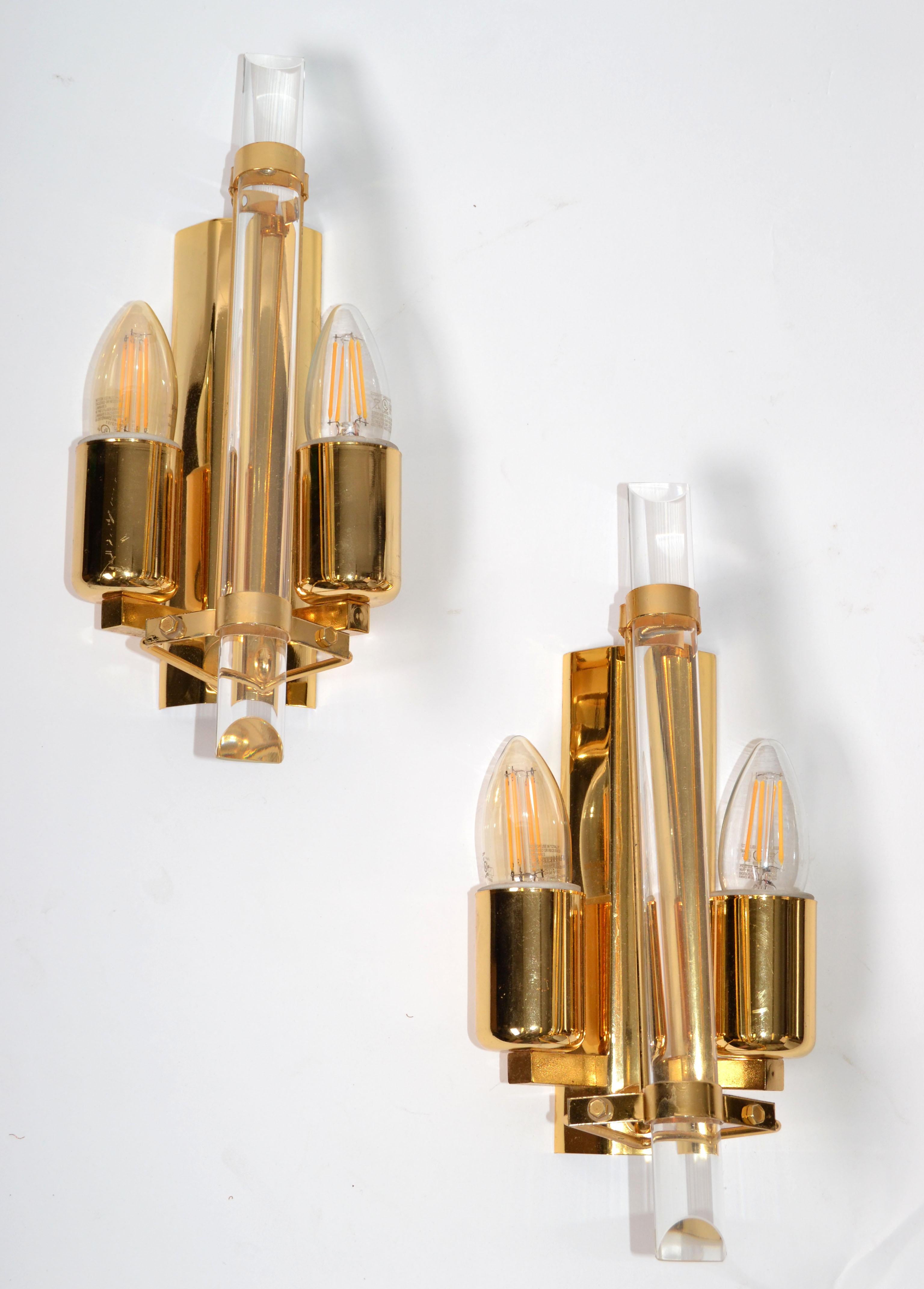 Austrian Pair of Stilkronen Sconces Gold Plate & Crystal Wall Lights Mid-Century Modern For Sale