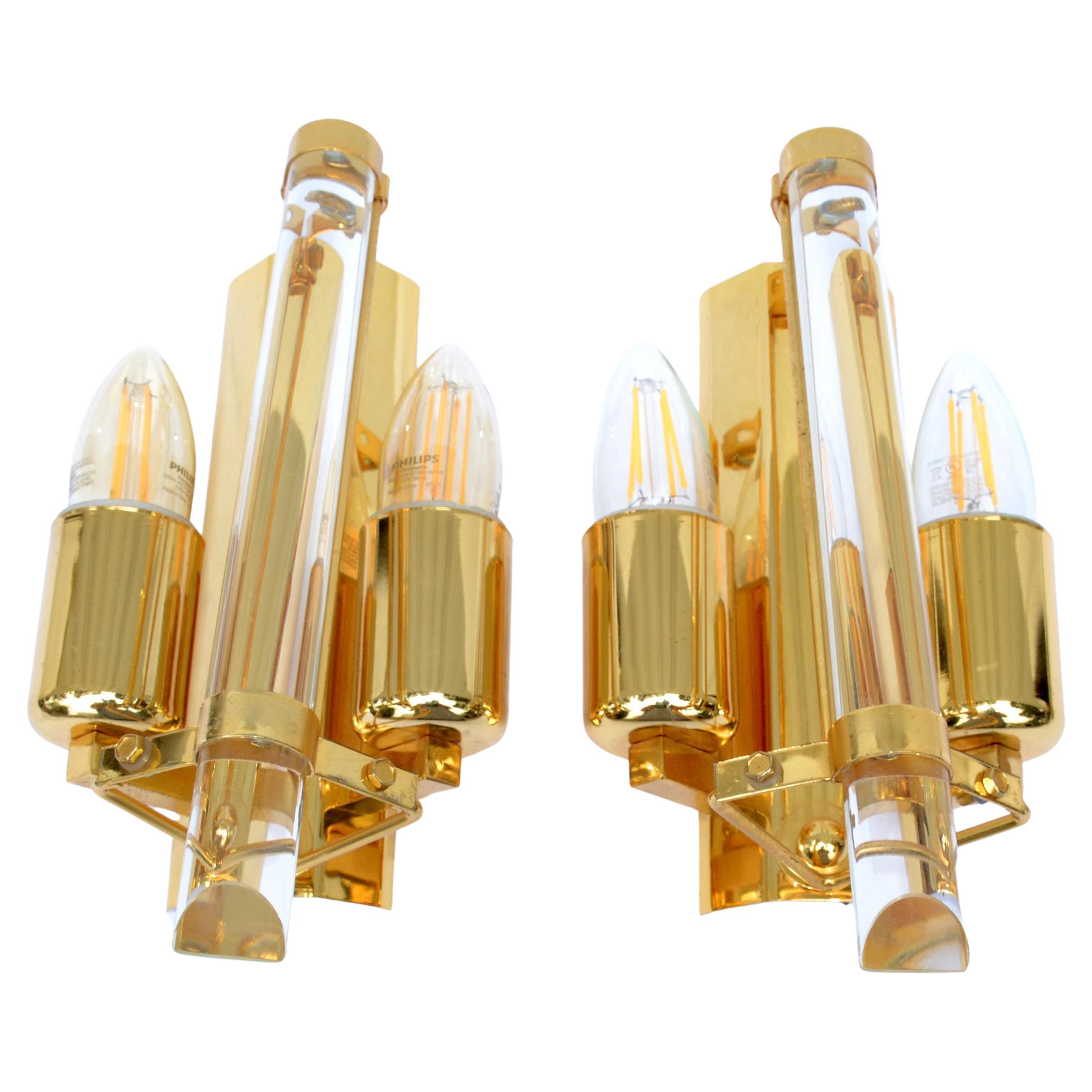 Pair of Stilkronen Sconces Gold Plate & Crystal Wall Lights Mid-Century Modern For Sale