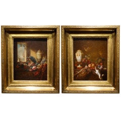 Antique Pair of Still Life Painting, 19th Century French School, Oil on Oak