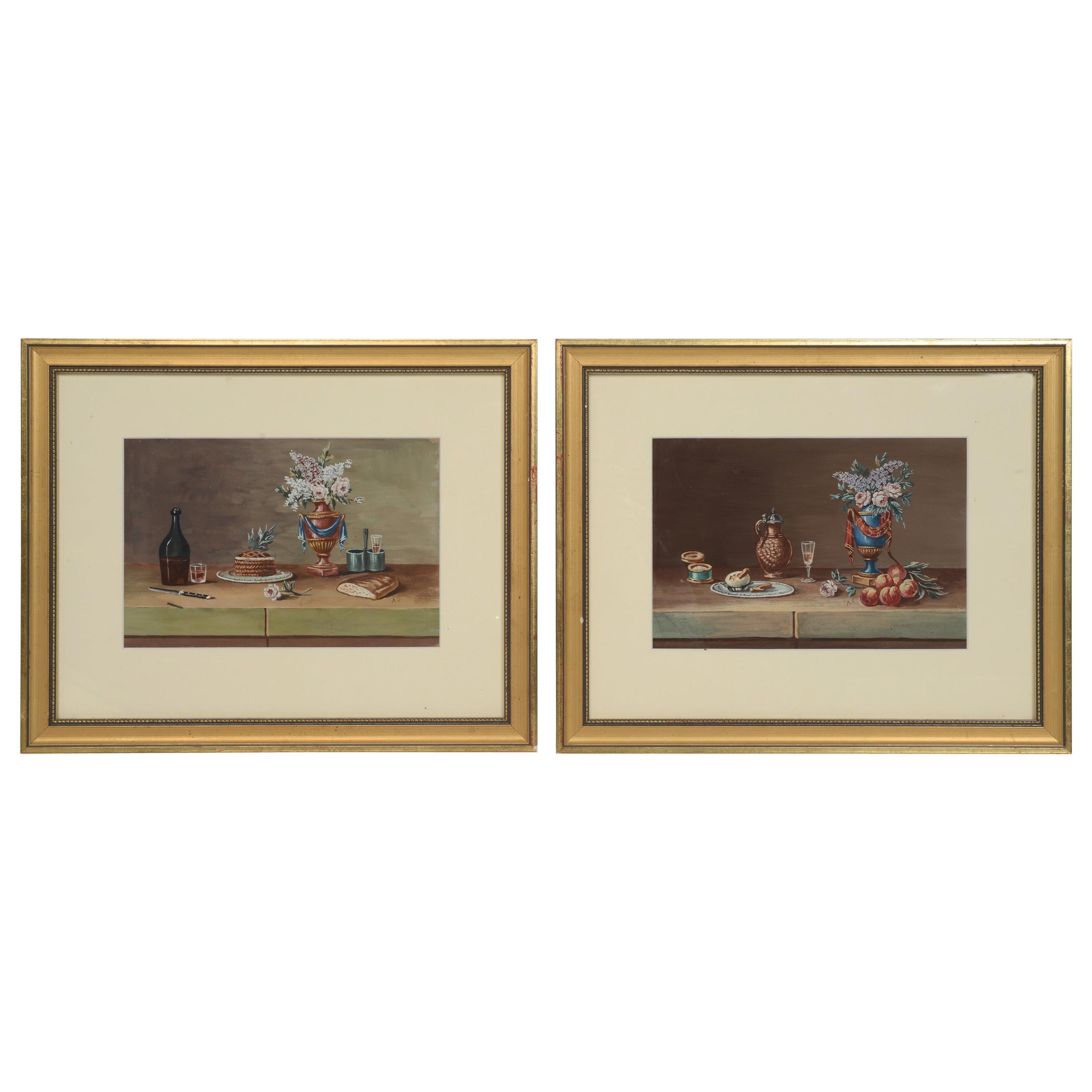 Pair of Still Lifes, Gouache after Paul LeLong and Both Initialed "A.G."