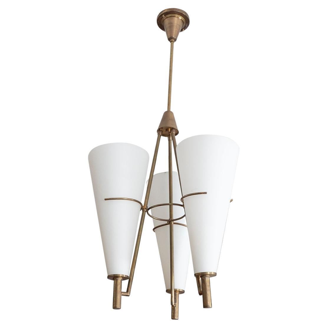 Pair of Stilnovo Attributed Glass & Brass Pendant Lights