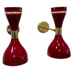 Pair of Stilnovo Attributed Red & White Enameled Aluminum & Brass 2 Cone Sconces