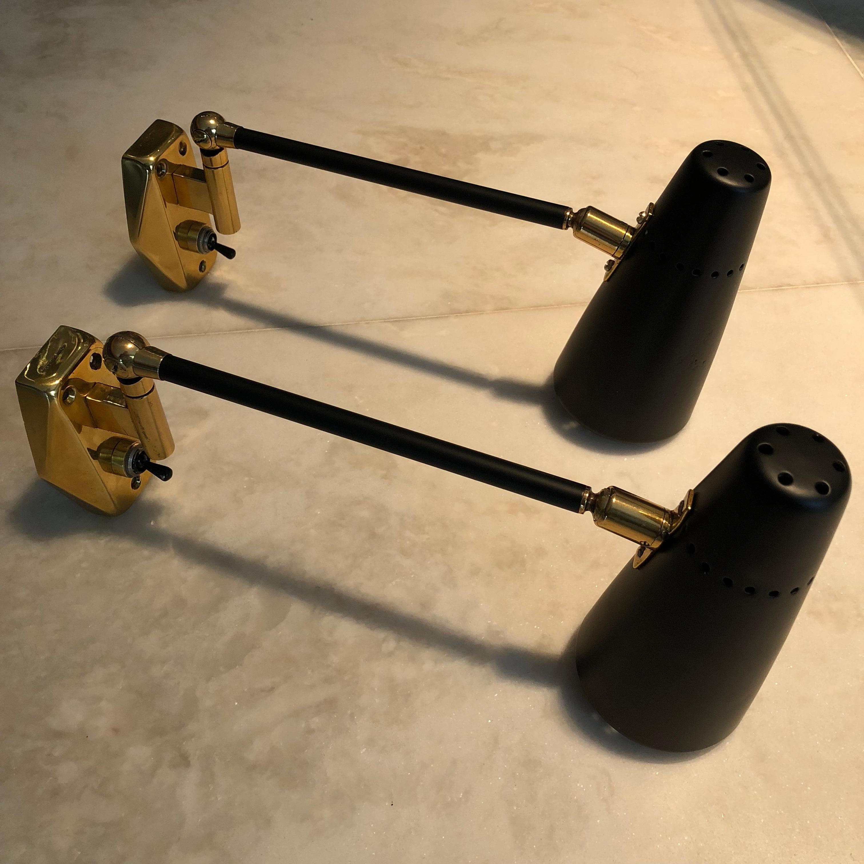Pair of Stilnovo Black and Rose Gold Lacquered Brass Wall Lamps, 1950s 6