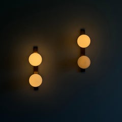 Pair of Stilnovo Brass and Opaline Glass Double Sconces, Italy, 1960s