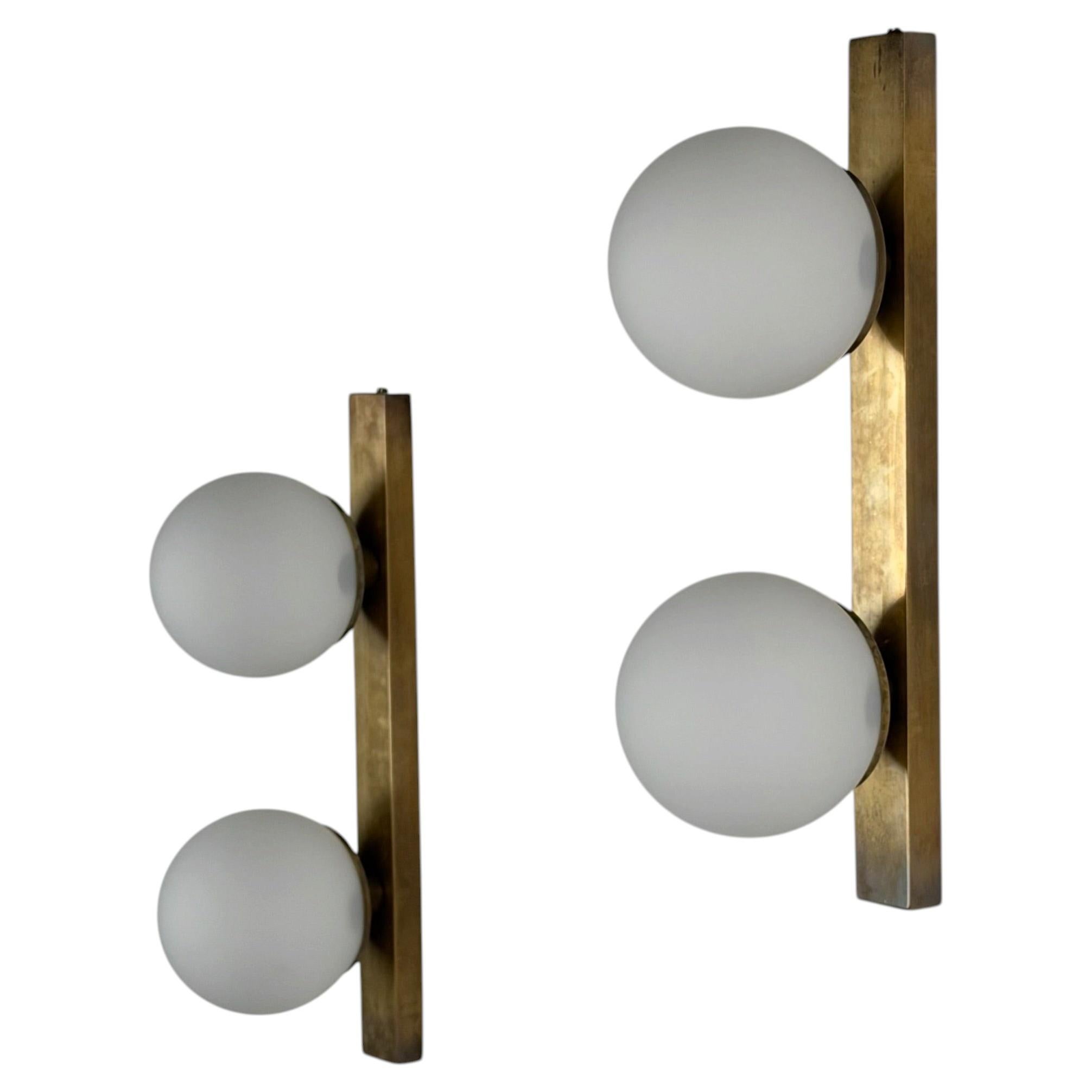 Pair of Stilnovo Brass and Opaline Glass Double Sconces, Italy, 1960s