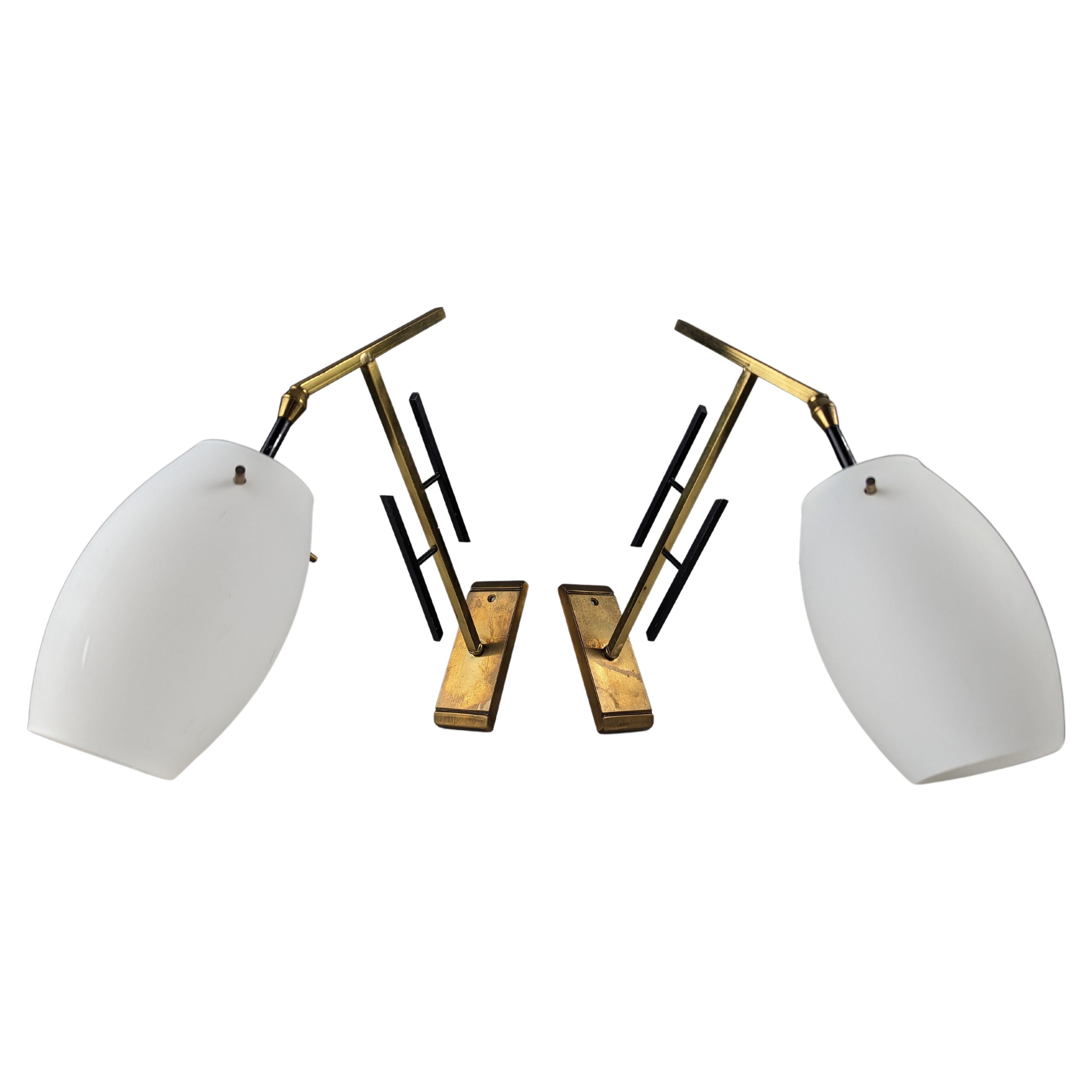Pair of Stilnovo brass and opaline glass wall lamps, Italy 1950s