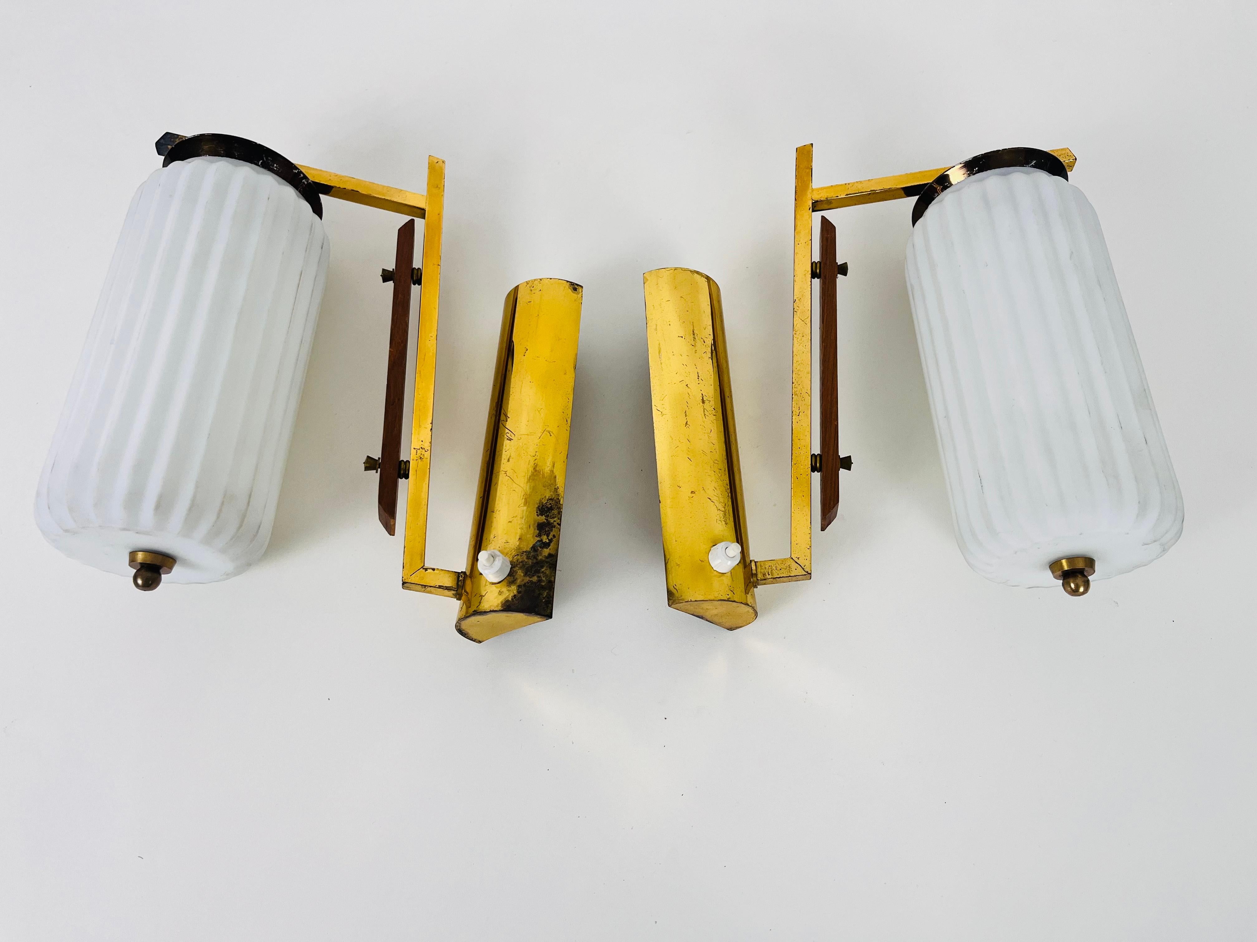 Pair of Stilnovo Brass and Opaline Glass Wall Lamps, Italy, 1960s For Sale 7