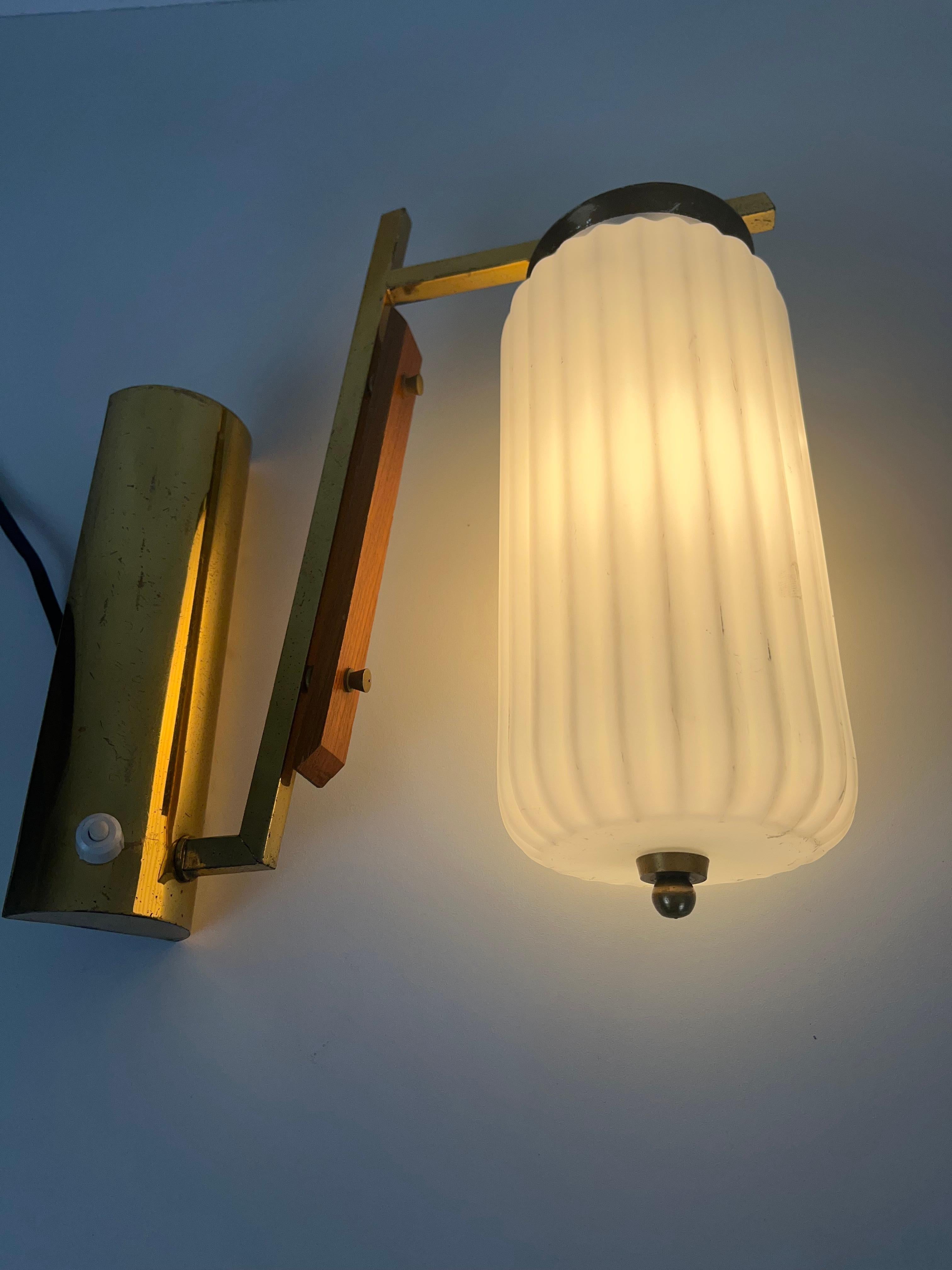Pair of Stilnovo Brass and Opaline Glass Wall Lamps, Italy, 1960s For Sale 9