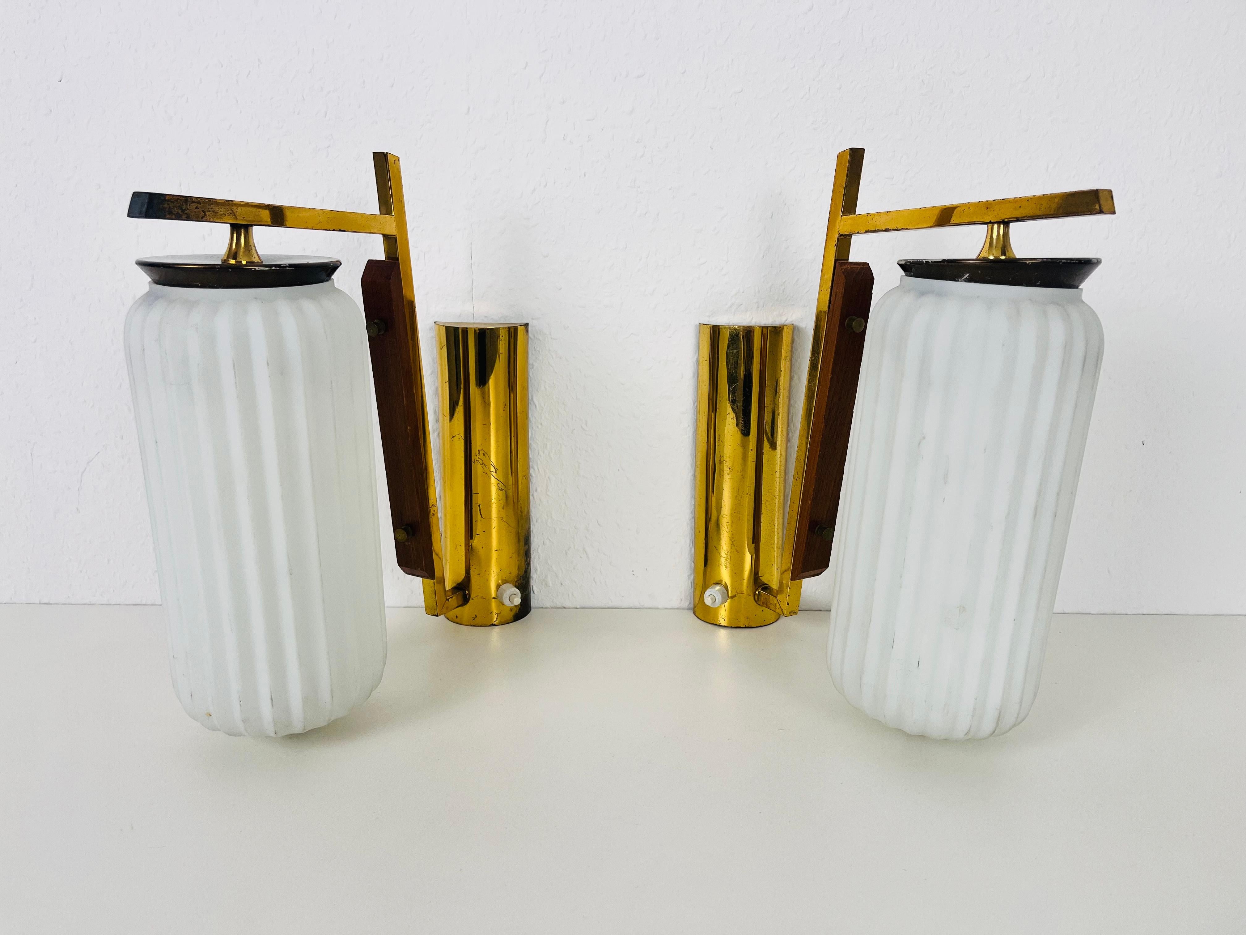 Italian Pair of Stilnovo Brass and Opaline Glass Wall Lamps, Italy, 1960s For Sale
