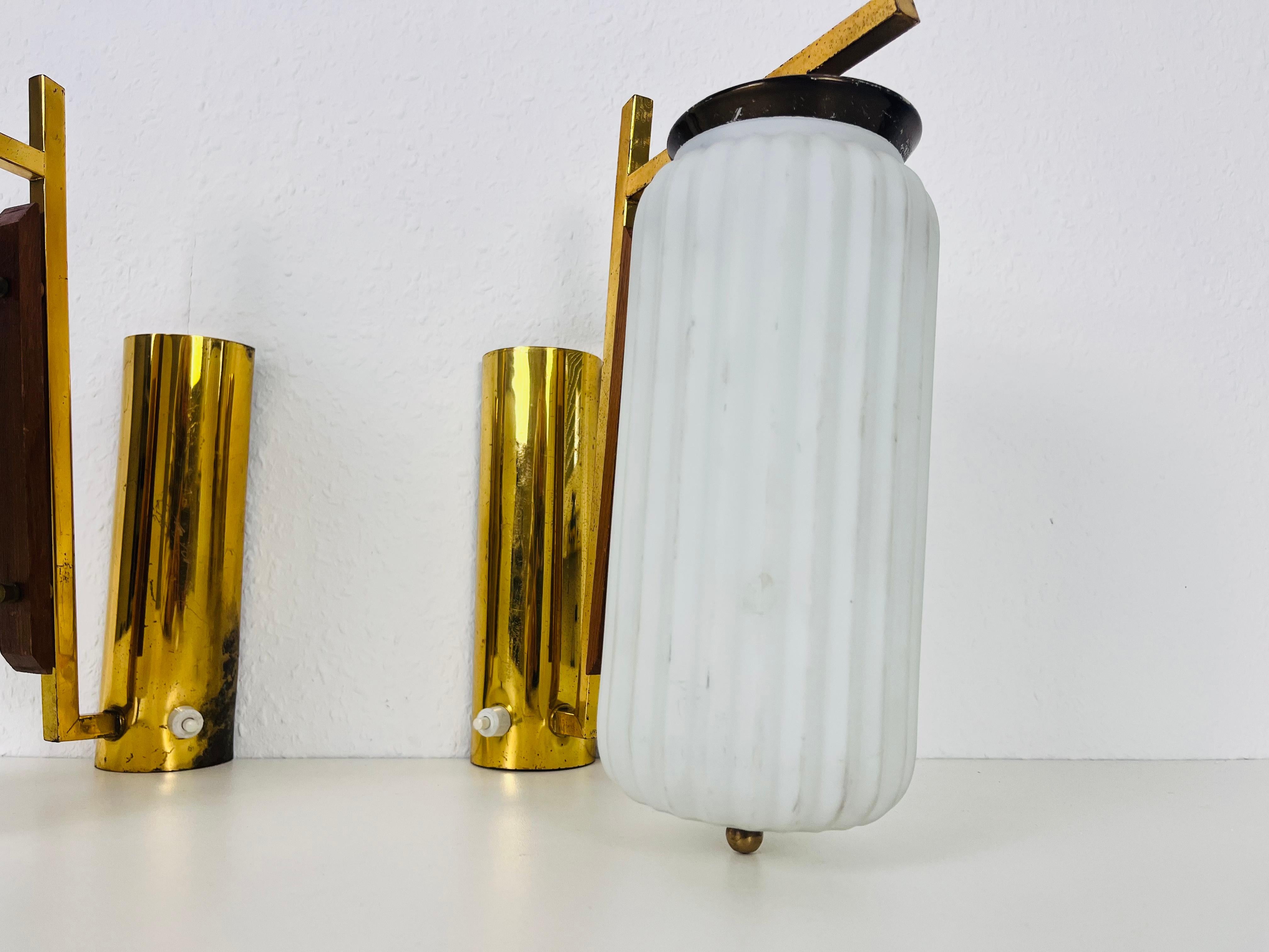 Pair of Stilnovo Brass and Opaline Glass Wall Lamps, Italy, 1960s For Sale 1