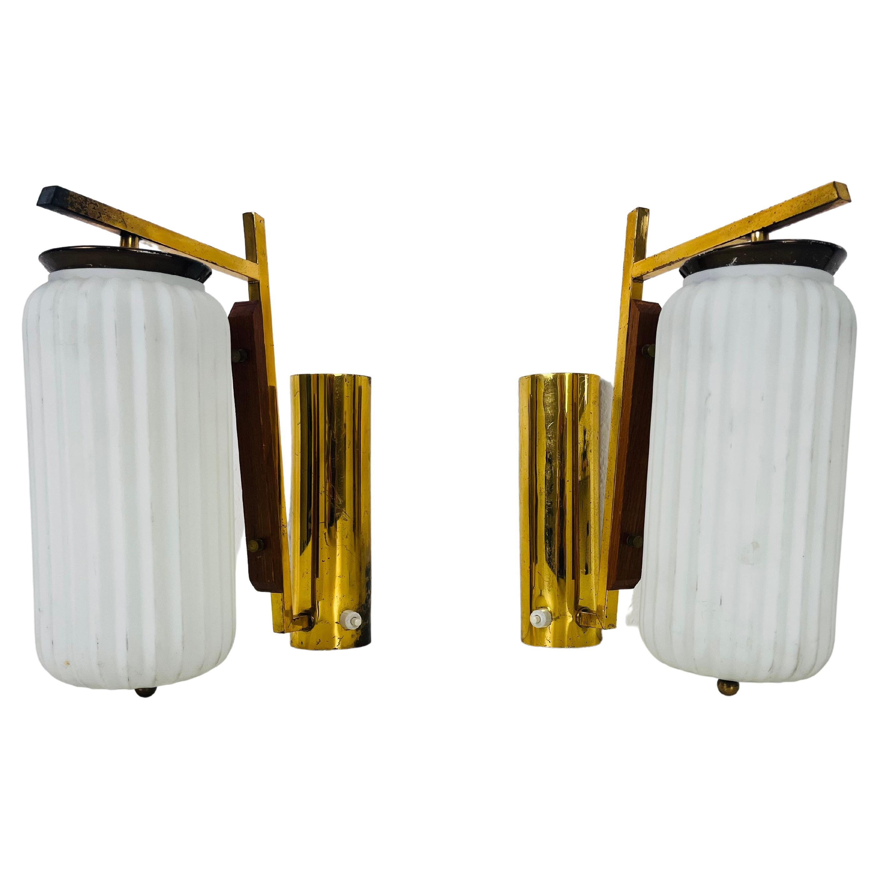 Pair of Stilnovo Brass and Opaline Glass Wall Lamps, Italy, 1960s For Sale