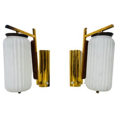 Pair of Stilnovo Brass and Opaline Glass Wall Lamps, Italy, 1960s