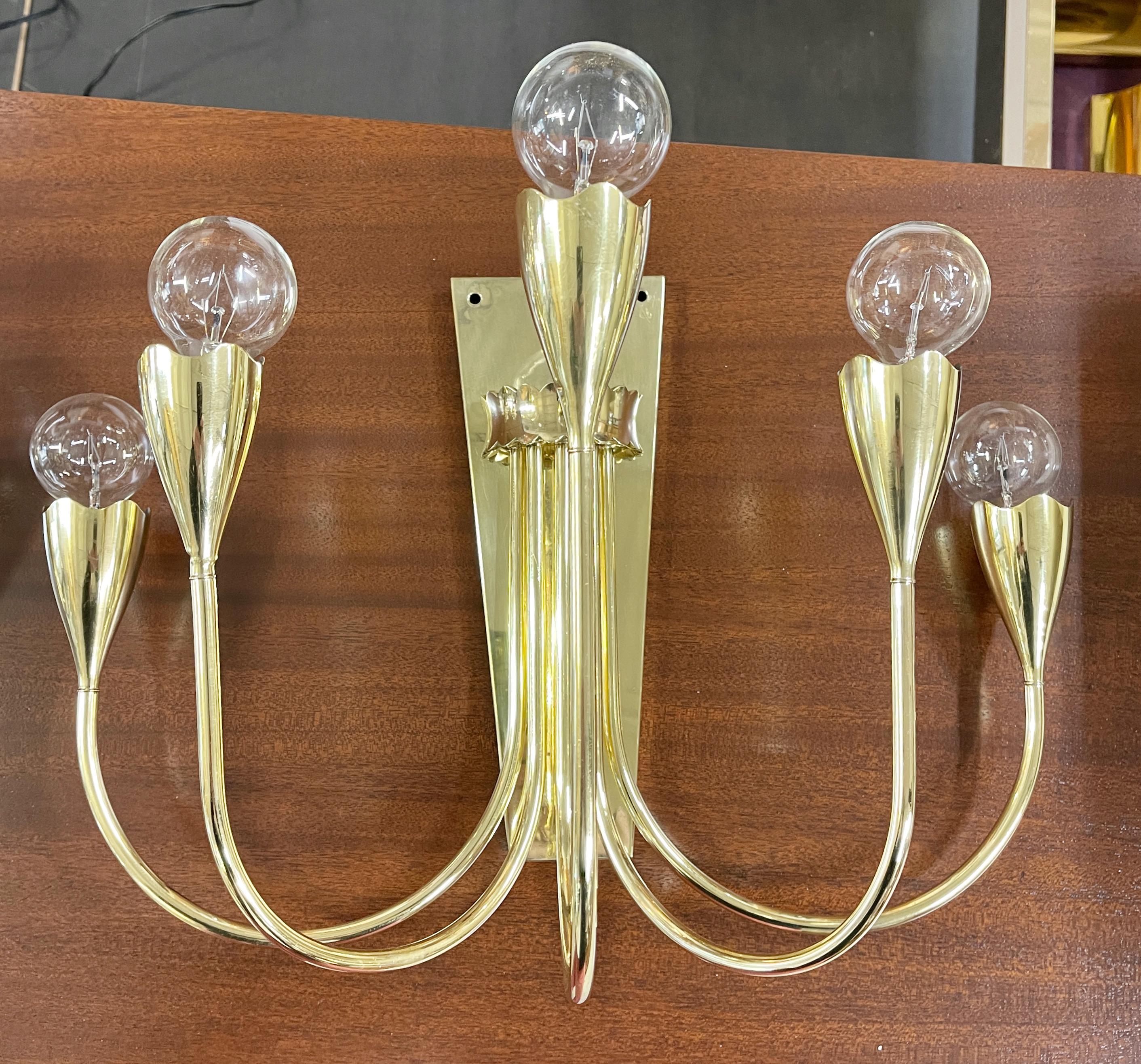 Pair of 1950's Italian Brass 5 Arm Candelabra Sconces For Sale 10