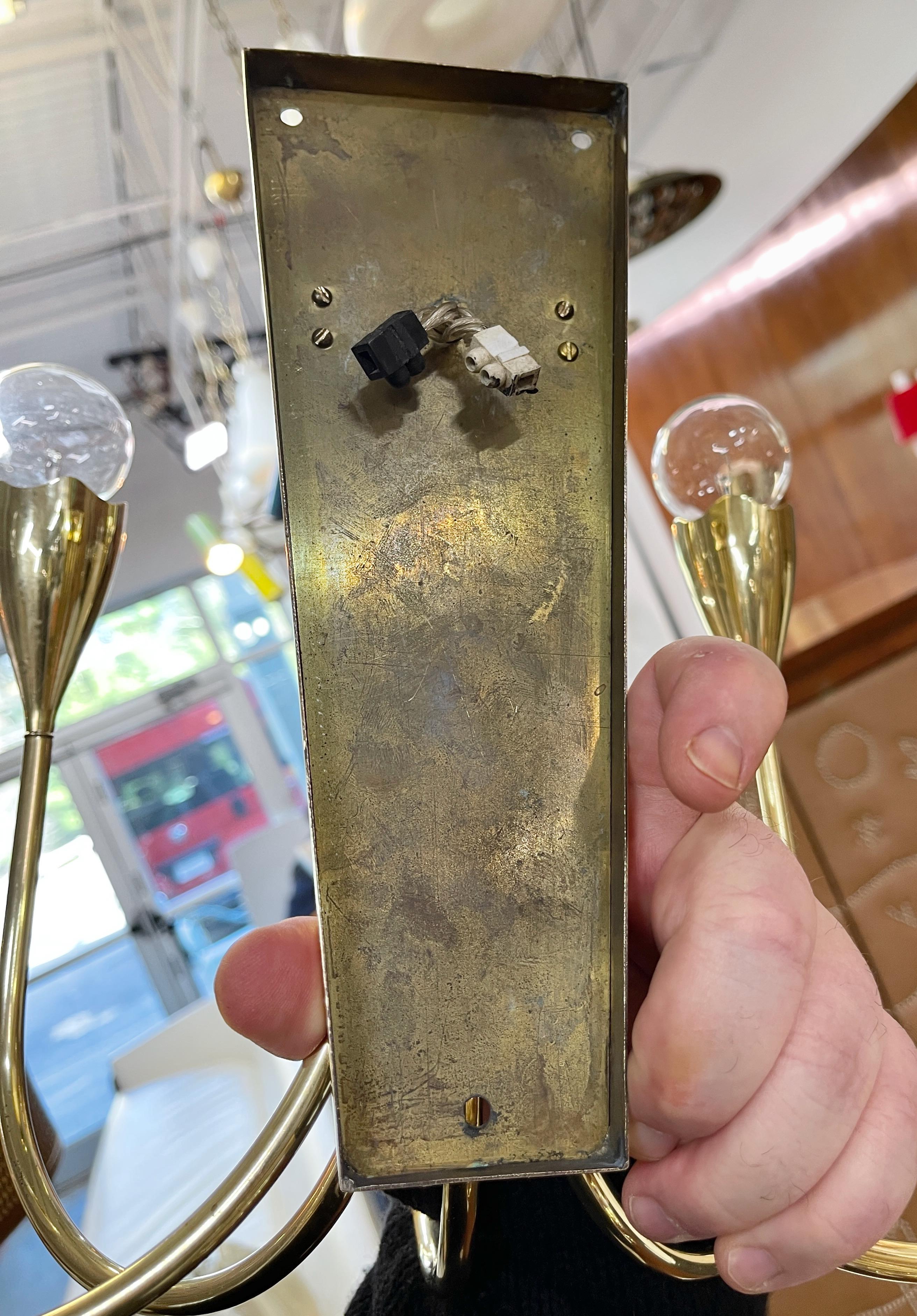 Pair of 1950's Italian Brass 5 Arm Candelabra Sconces For Sale 3