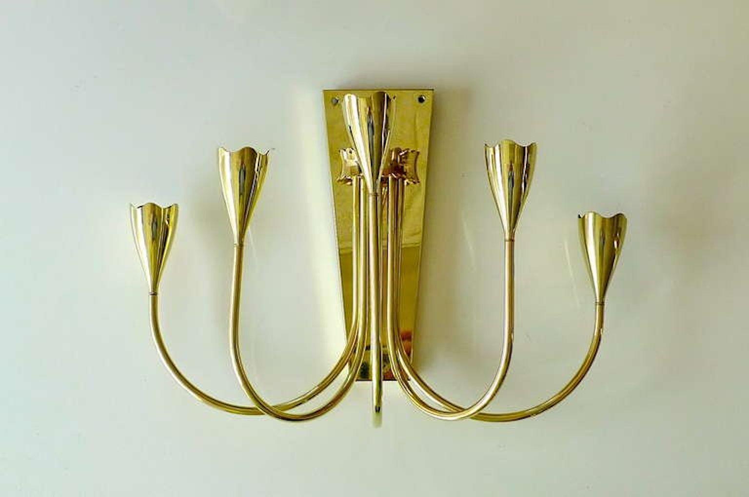 Pair of 1950's Italian Brass 5 Arm Candelabra Sconces For Sale 7