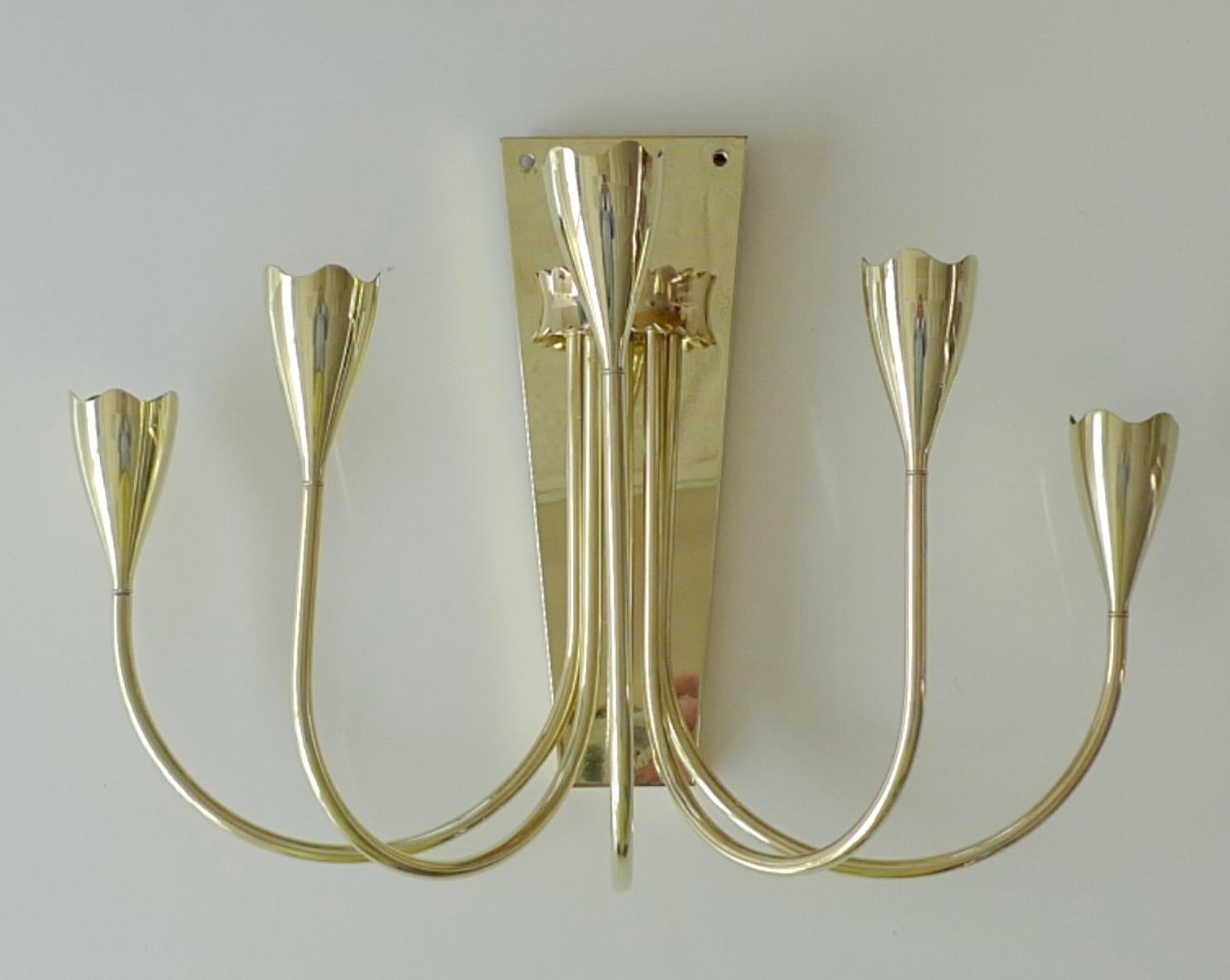 Pair of 1950's Italian Brass 5 Arm Candelabra Sconces For Sale 6