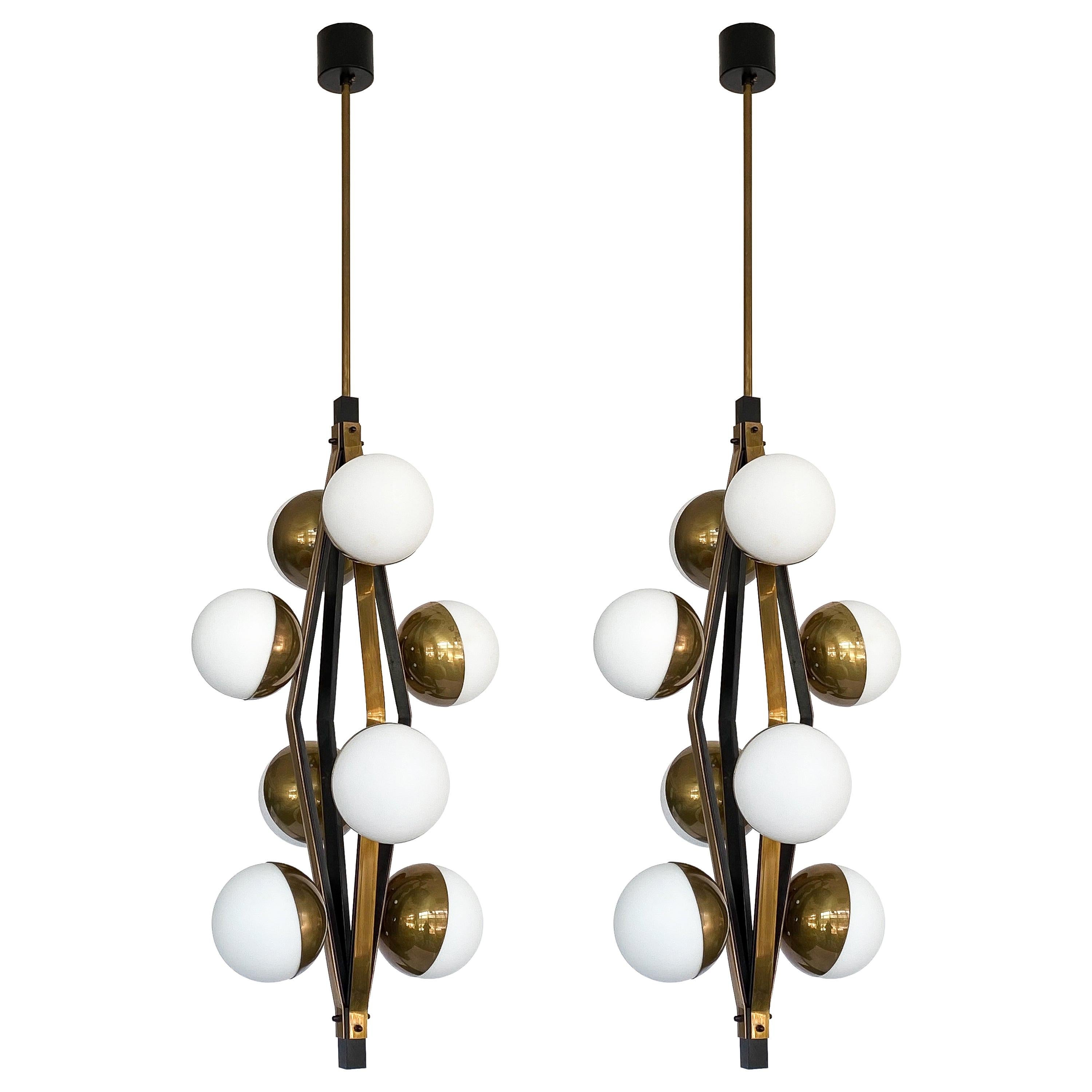 Pair of Stilnovo Brass Eight Globe Pendant Chandeliers