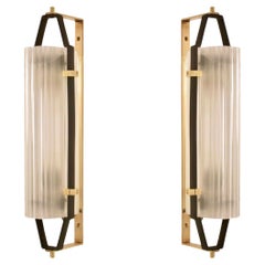 Pair of Stilnovo Brass & Ribbed Glass Orientable Sconces